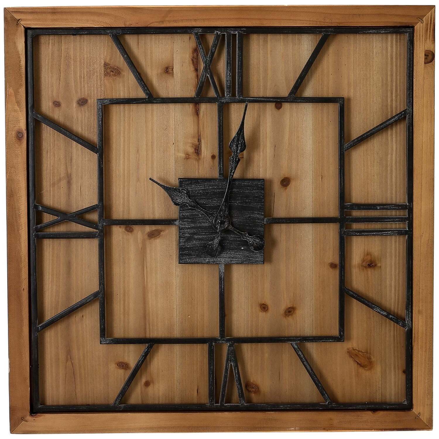 Square Rustic Wall Clock With Roman Numerals - Brown