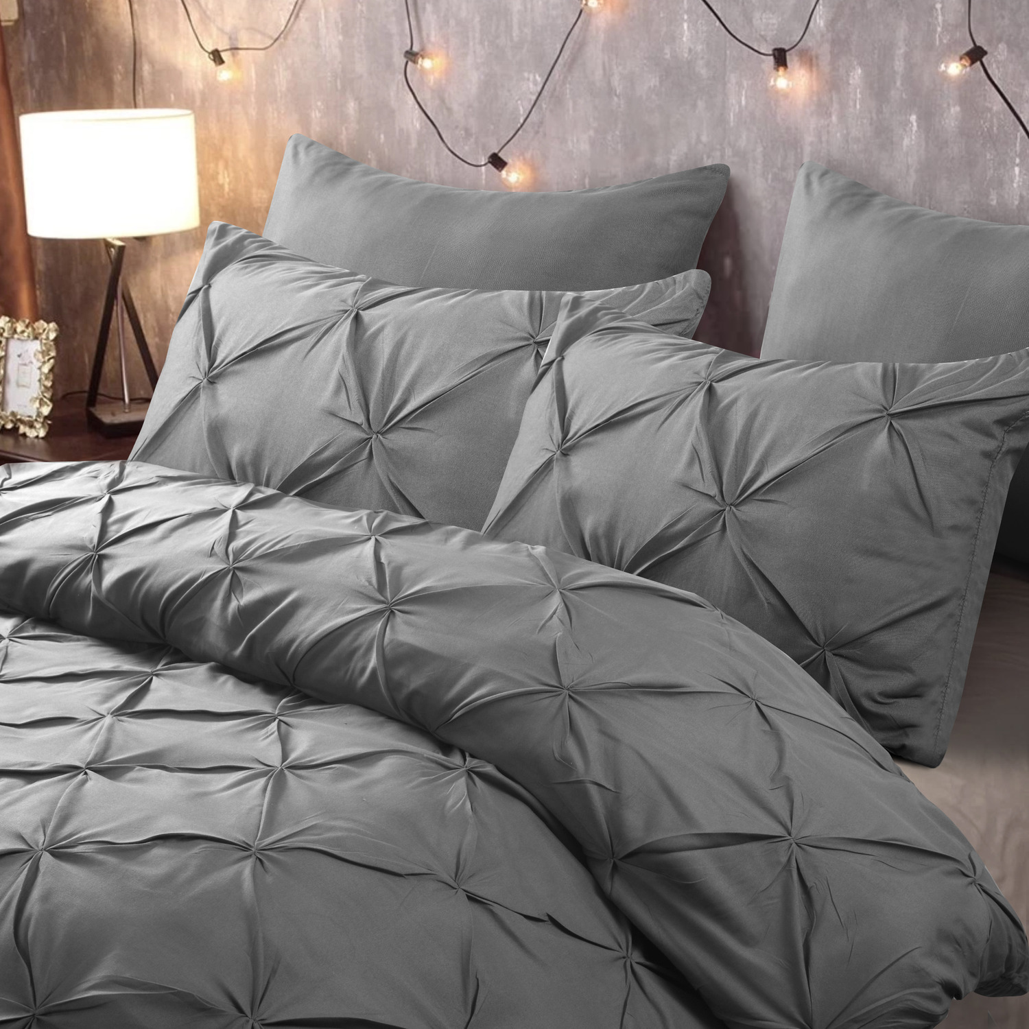 Elegant Pintuck Duvet Cover Set - Grey Double