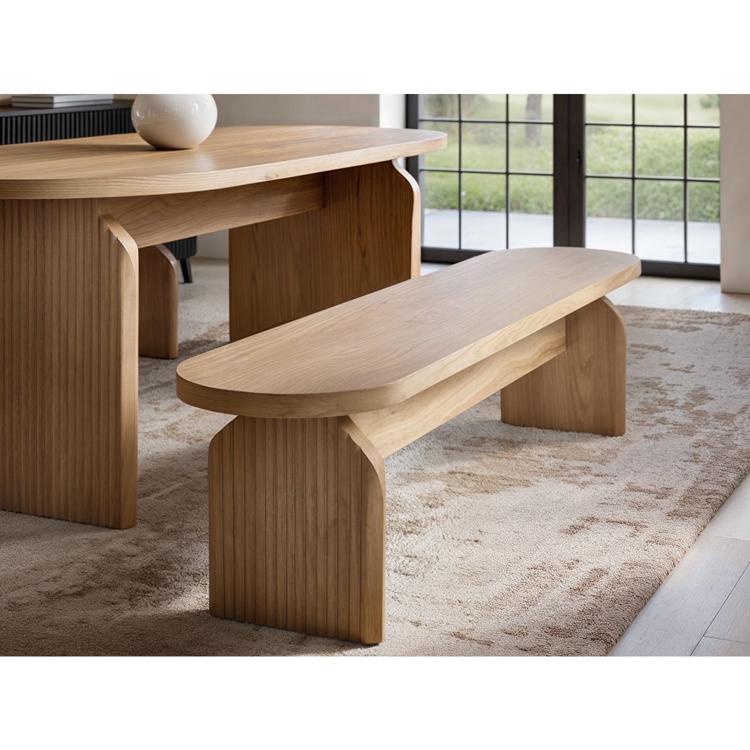 Solace+Co Unisex Brown Varm Ribbed Dining Bench Oak In 150Cm - Image 4