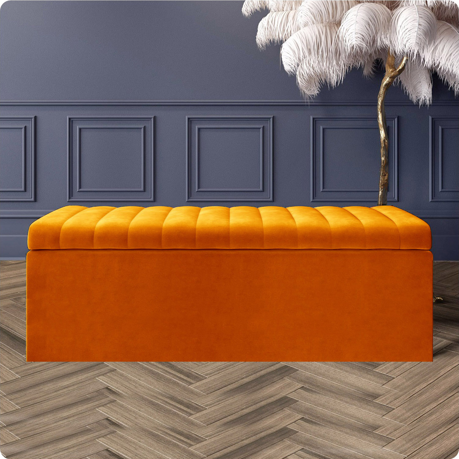 R&M Furnishers 180Cm Safar Ottoman Storage Box, Plush Velvet Striped Upholstered End Of Bed Bench, Black - Burnt Orange Plush Velvet