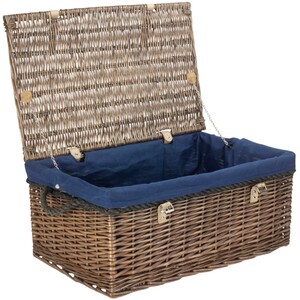 62cm Antique Wash Picnic Basket Blue Cotton Lining