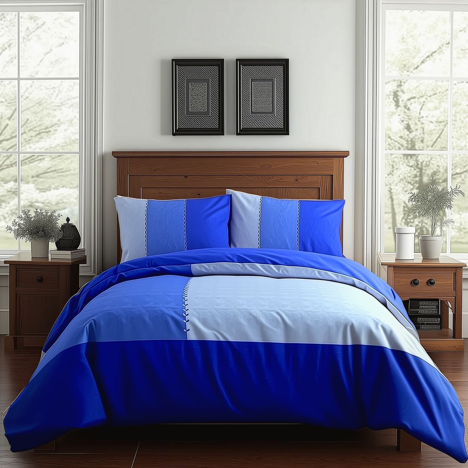 Duvet Cover And Pillowcase Set Black Blue Chocolate Patchwork Design Polycotton Bed Linen - Blue / Single