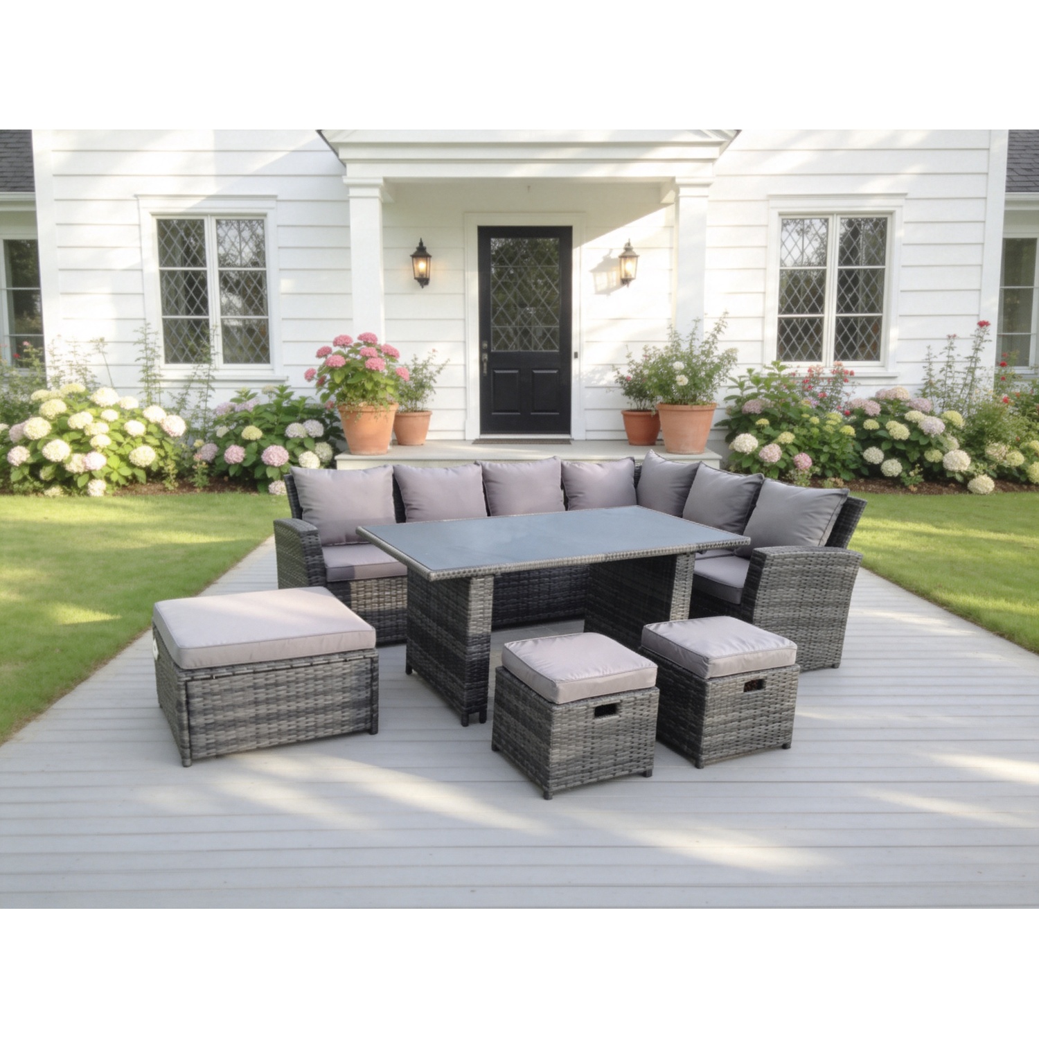 Rackhams Black 9 Seater High Back Rattan Garden Furniture Set Corner Sofa With Tempered Glass Dining Table 3 Stool - Image 2