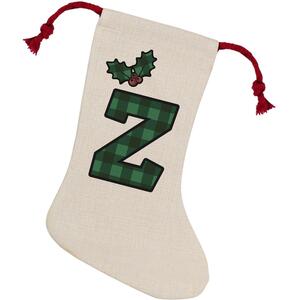 Green Tartan Alphabet Letter Z Stocking - Novelty Xmas Gift - Linen-Style With Red Drawstring Ties