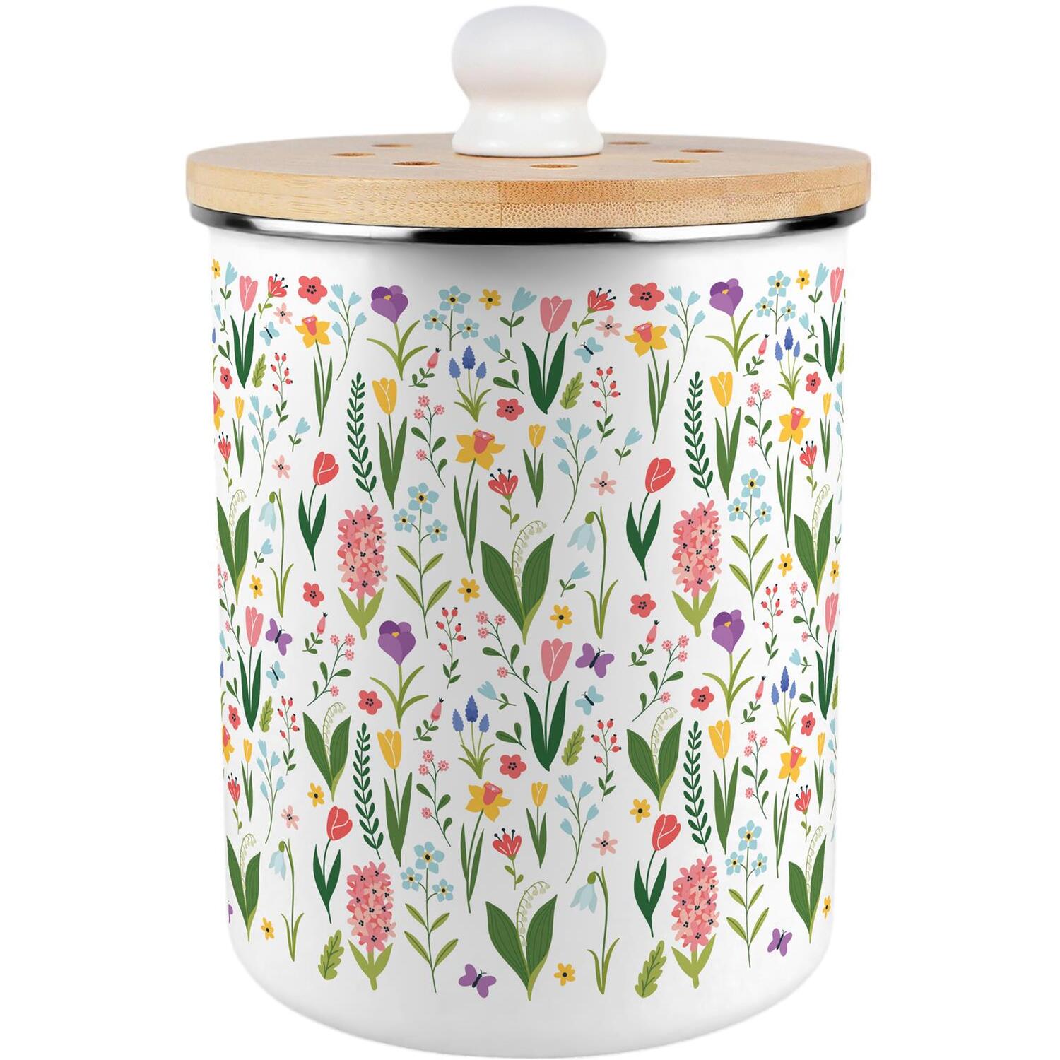 Purely Home Spring Flowers Food Waste Caddy - Metal 2L Decorative Kitchen Compost Bin - Green