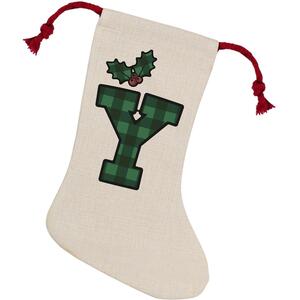 Green Tartan Alphabet Letter Y Stocking - Novelty Xmas Gift - Linen-Style With Red Drawstring Ties