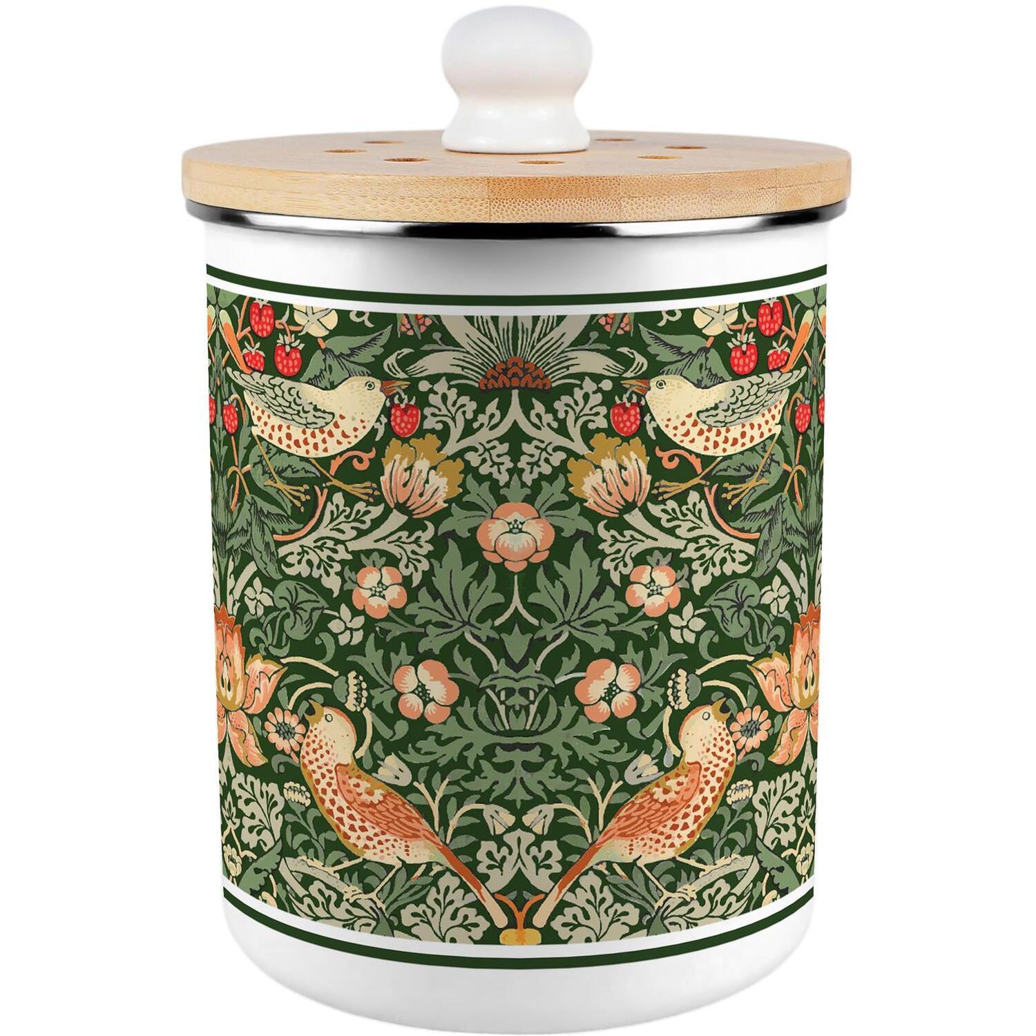 Purely Home Strawberry Thief Food Waste Caddy - Metal 2L Green Decorative Kitchen Compost Bin - Green