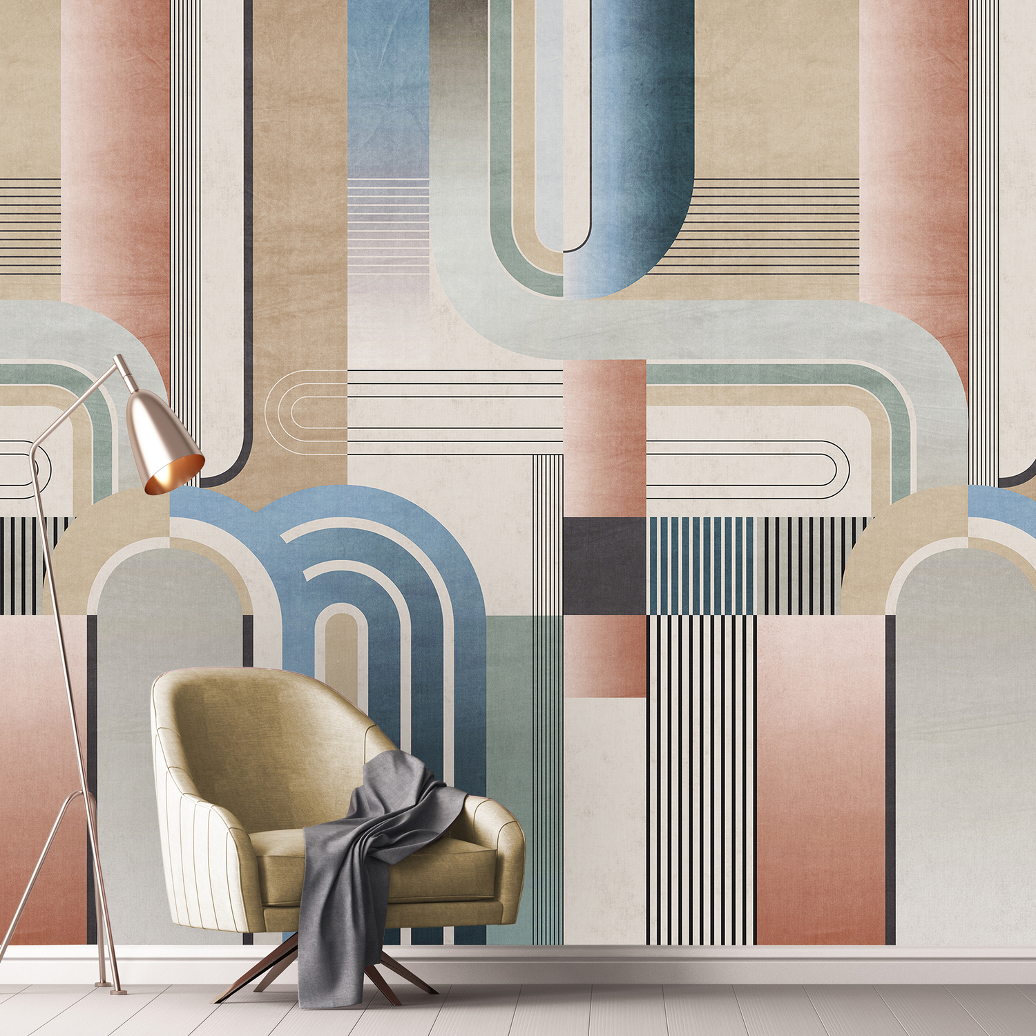 Grandeco Art Deco Geometric Arch 4 Lane Repeatable Wallpaper Mural - Neutral