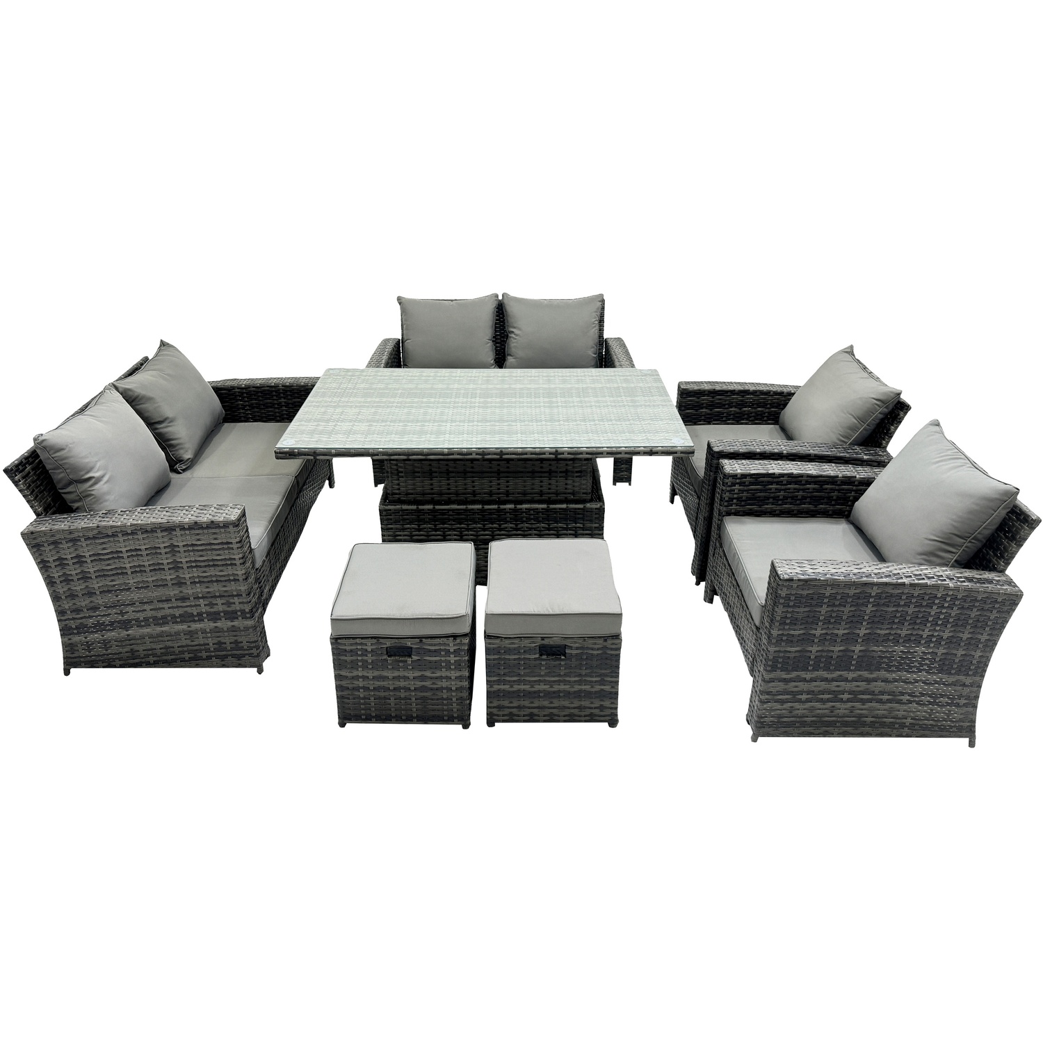 Rackhams Rattan Outdoor Furniture Adjustable Rising Lifting Rectangle Dining Table Chairs Two Seater Love Sofa Sets Footstools 8 Seater - Image 2