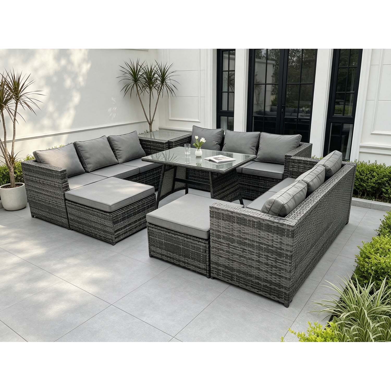 Fimous 11 Seater Rattan Outdoor Furniture Lounge Sofa Garden Dining Set With Dining Table Side Table 2 Big Footstools - Image 3