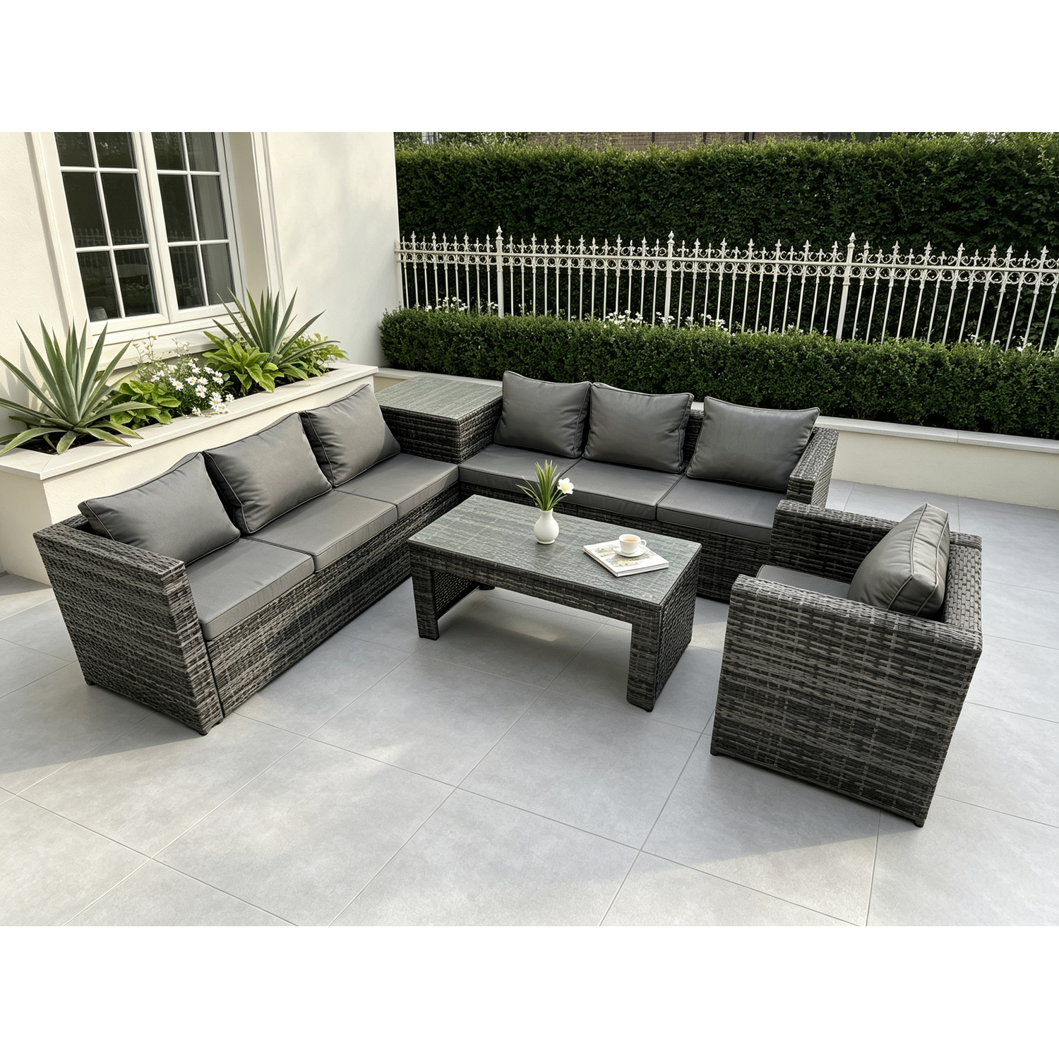 Rackhams Dark/Grey 7 Seater Rattan Corner Sofa Set With Square Side Table And Oblong Rectangular Coffee Tea Table Arm Chair Mixed - Image 2