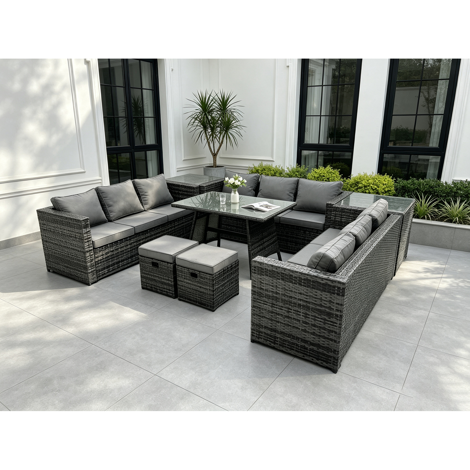 Fimous Wicker Pe Rattan Outdoor Furniture Lounge Sofa Garden Dining Set With Dining Table 2 Side Tables 2 Small Footstools - Image 3