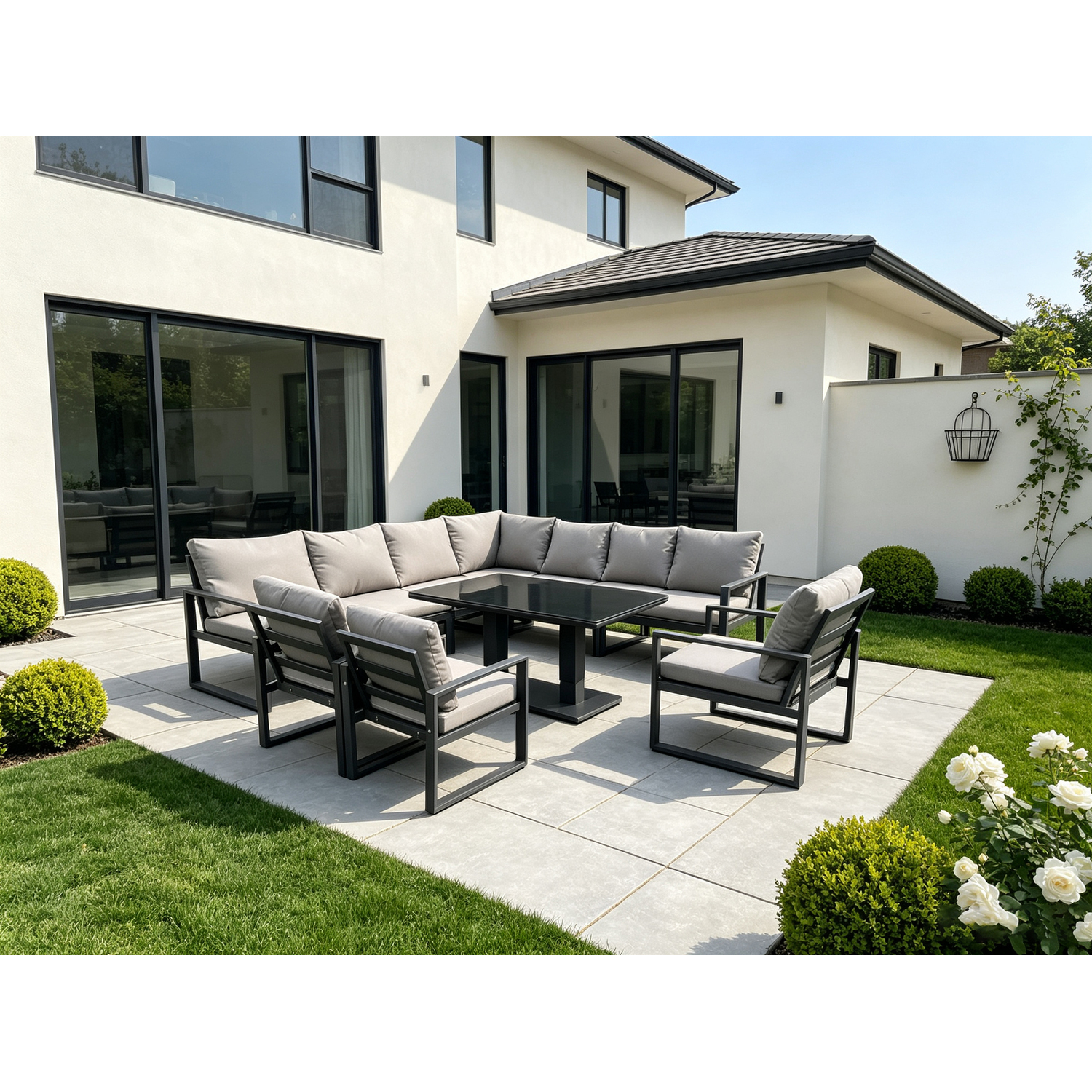 Rackhams Dark/Grey 9 Seater Aluminum Outdoor Garden Furniture Set With Corner Sofa, 3 Arm Chairs & Adjustable Rising Dining Table - Image 2