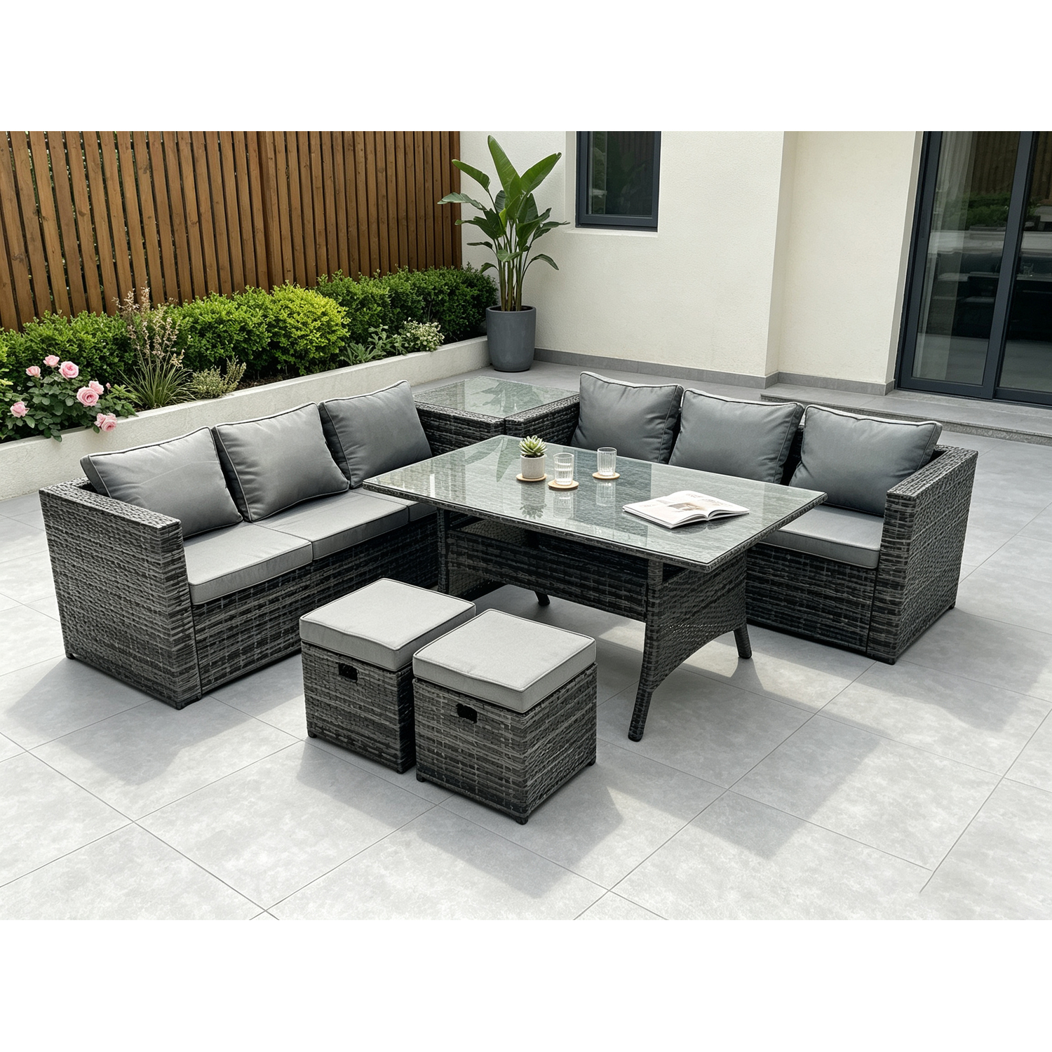 Fimous Dark/Grey 8 Seater Mixed Rattan Outdoor Dining Set - Rectangular Dining Table, Lounge Sofa & 2 Footstools - Image 2