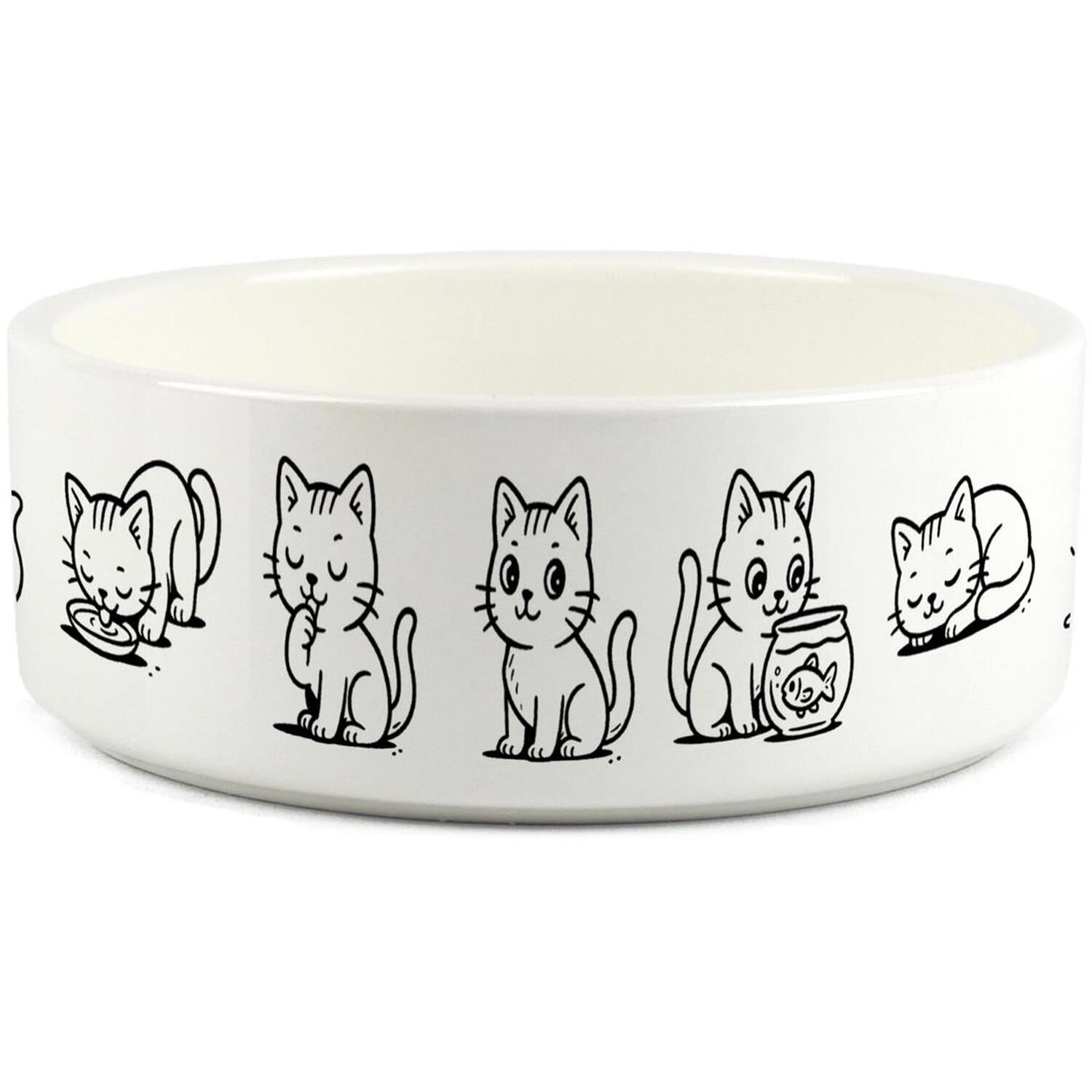 Purely Home Cartoon Doodle Cats Small Ceramic Bowl Set - White Food/Water Dishes For Cats - One Bowl / 570G
