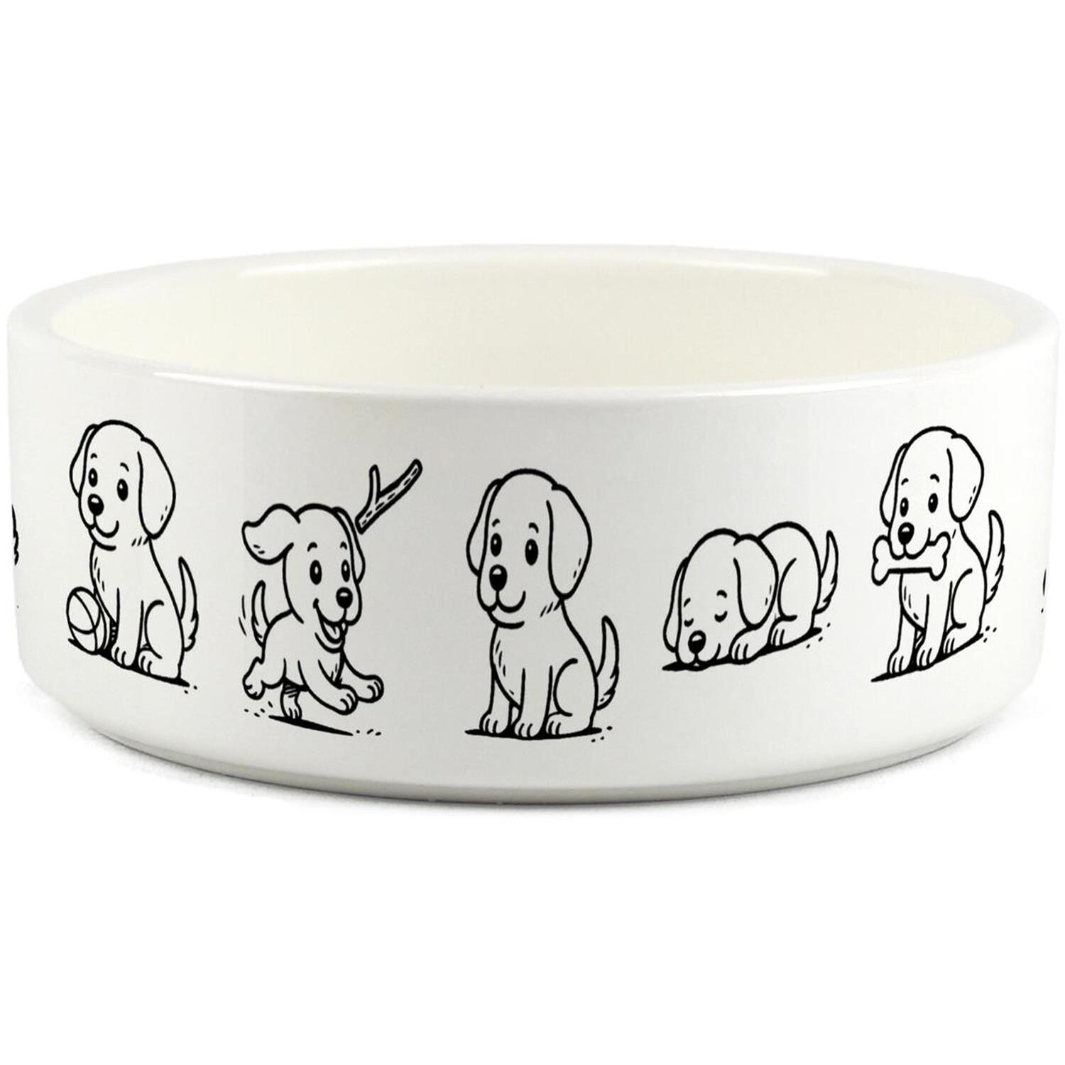 Purely Home Cartoon Doodle Dogs Small Ceramic Pet Bowl - White Food/Water Dish For Dogs - Multi