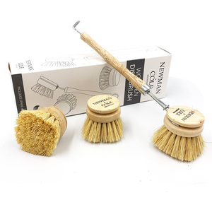 Wooden Dish Brush Set with Natural Bristle Heads and Replacement Brush Heads
