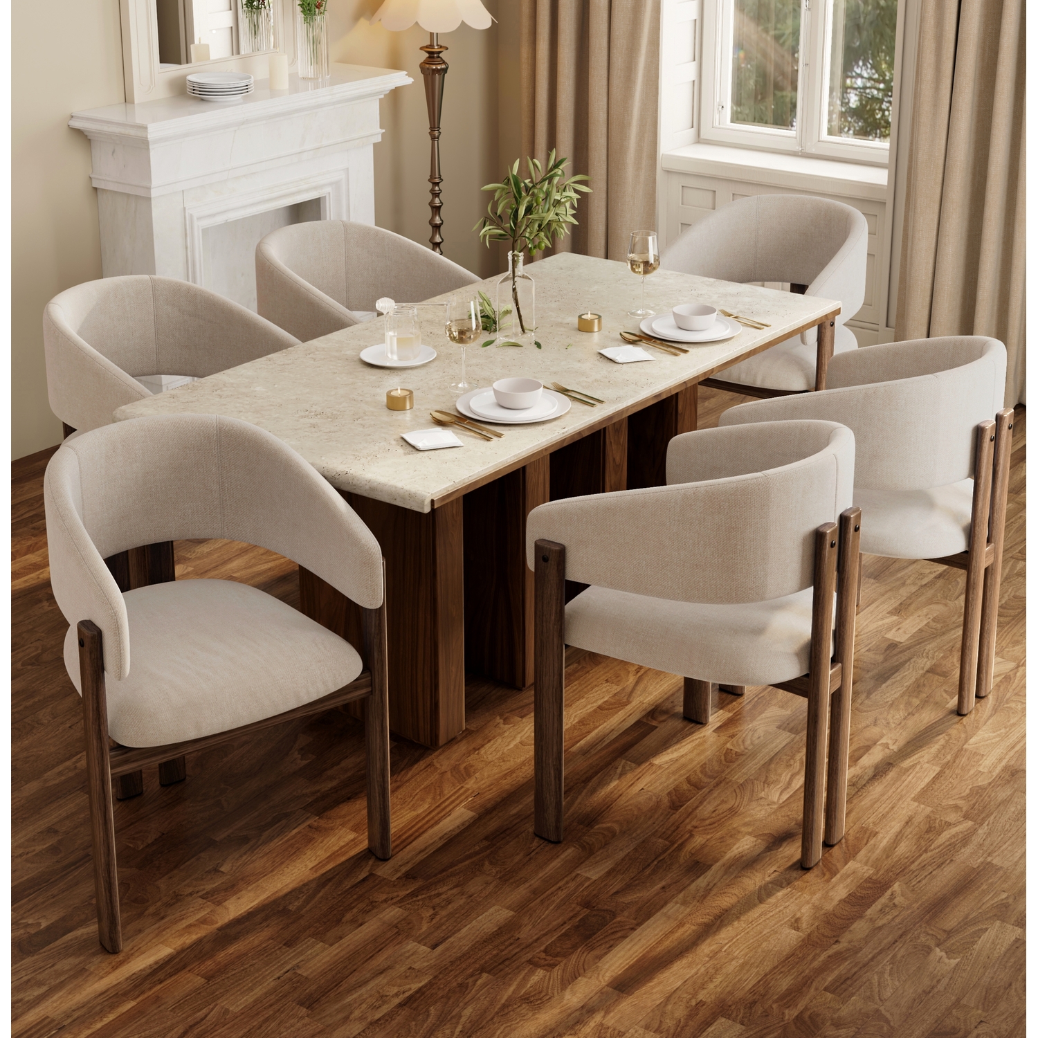 Aka Linen Dining Chairs With Metal Legs, Walnut Wood Colour, Set Of 6 - Walnut