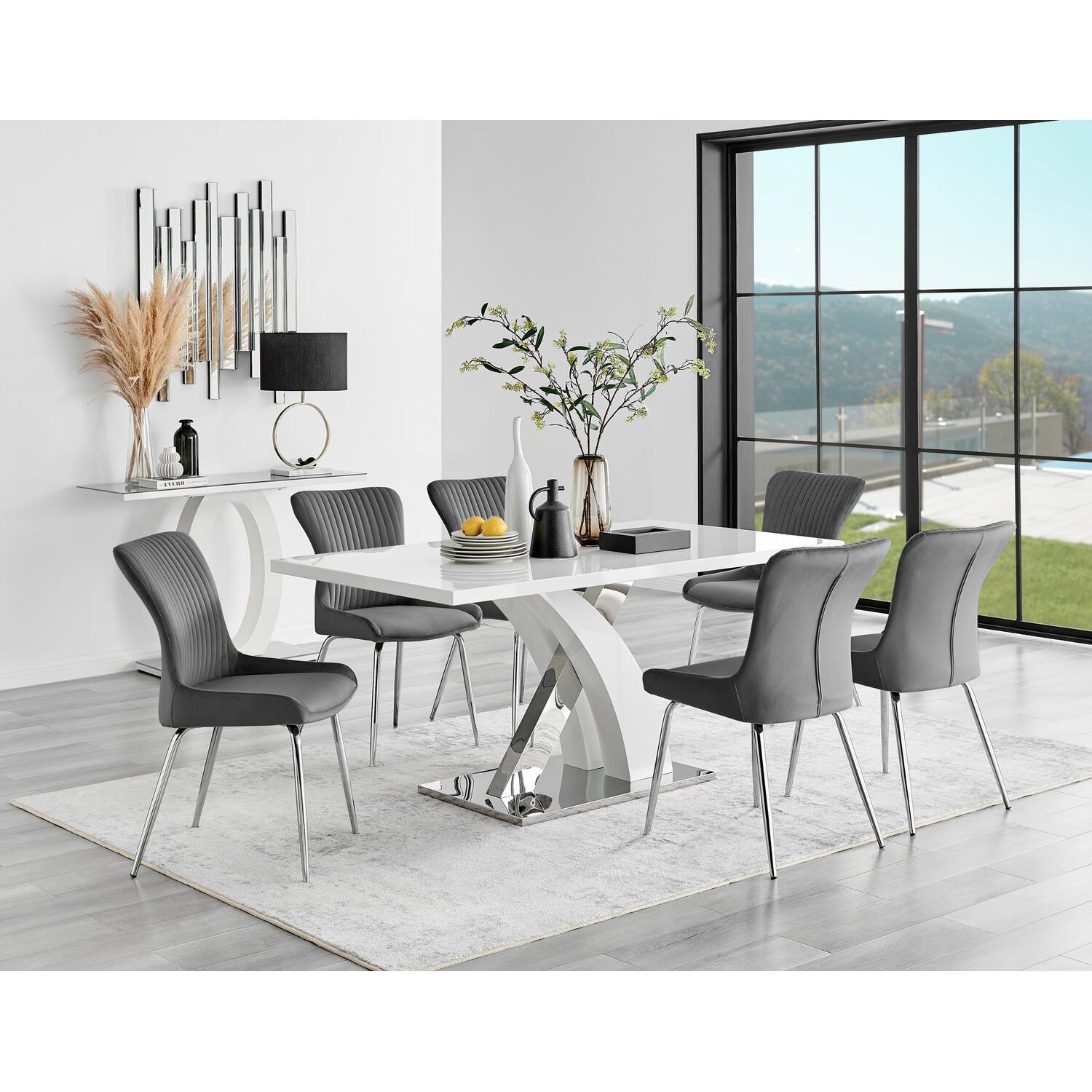 Furniturebox Uk Atlanta 6 White Dining Table & 6 Nora Silver Leg Chairs - Grey