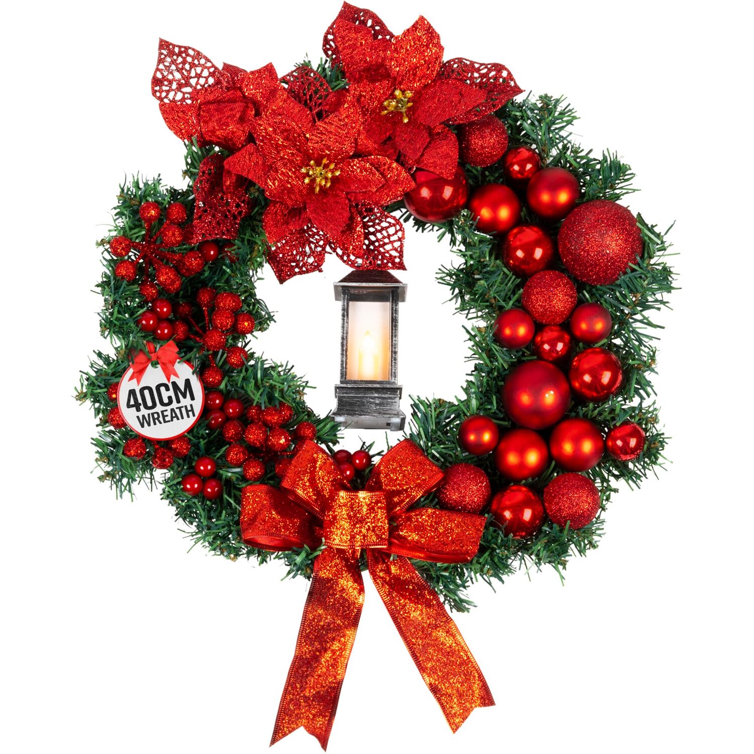 Globrite 40Cm Christmas Wreath With Lantern - Red