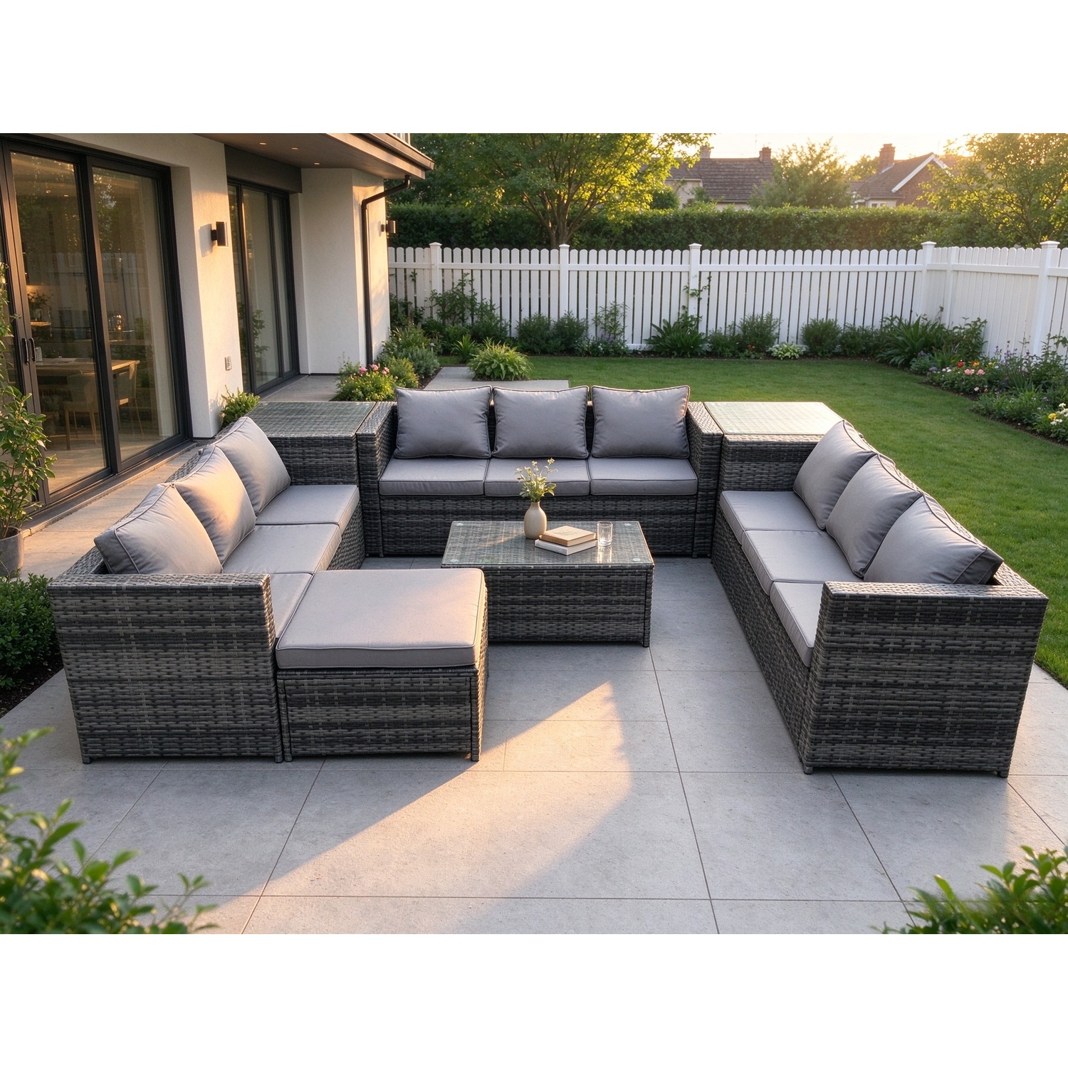 Fimous 10 Seater Outdoor Lounge Sofa Set Wicker Pe Rattan Garden Furniture Set With Oblong Coffee Table 2 Side Tables Big Footstool - Image 3