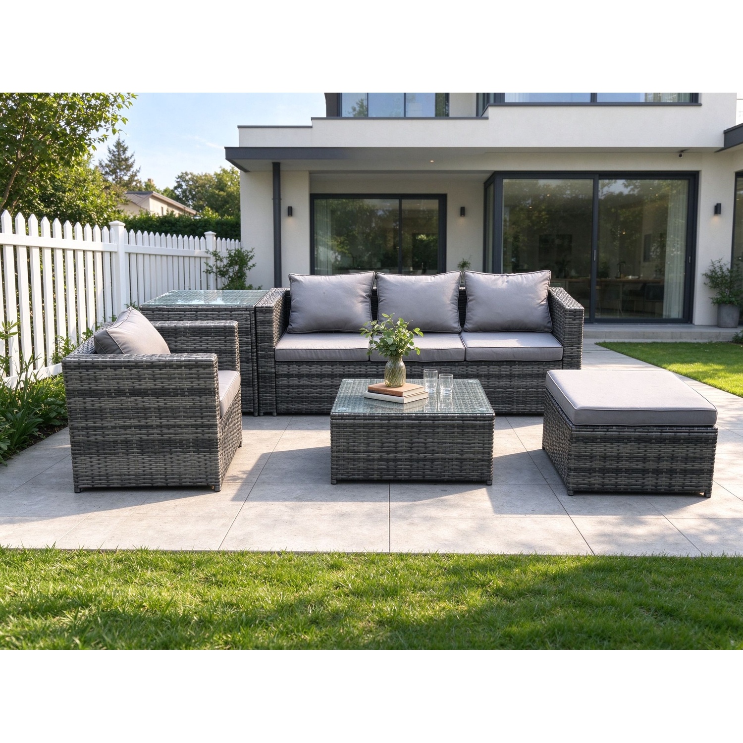 Rackhams Dark/Grey Rattan Garden Furniture Set 5 Seater Patio Outdoor Lounge Sofa Set With Side Table Square Coffee Table Big Footstool Mixed - Image 2