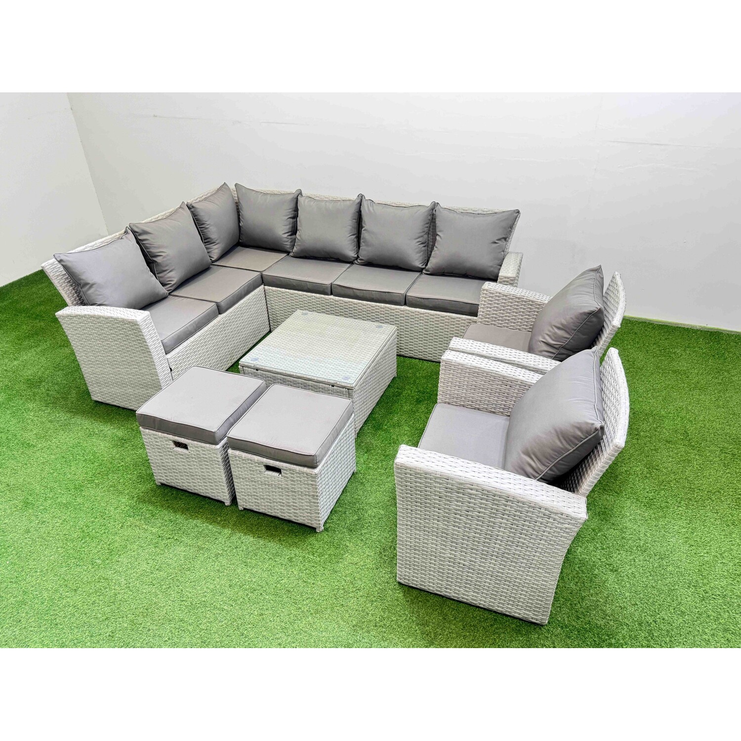 Fimous Outdoor Rattan Garden Furniture Set 10 Seater Corner Sofa Sets With Square Coffee Table Chair 2 Small Footstool Light Grey Mixed - Image 3
