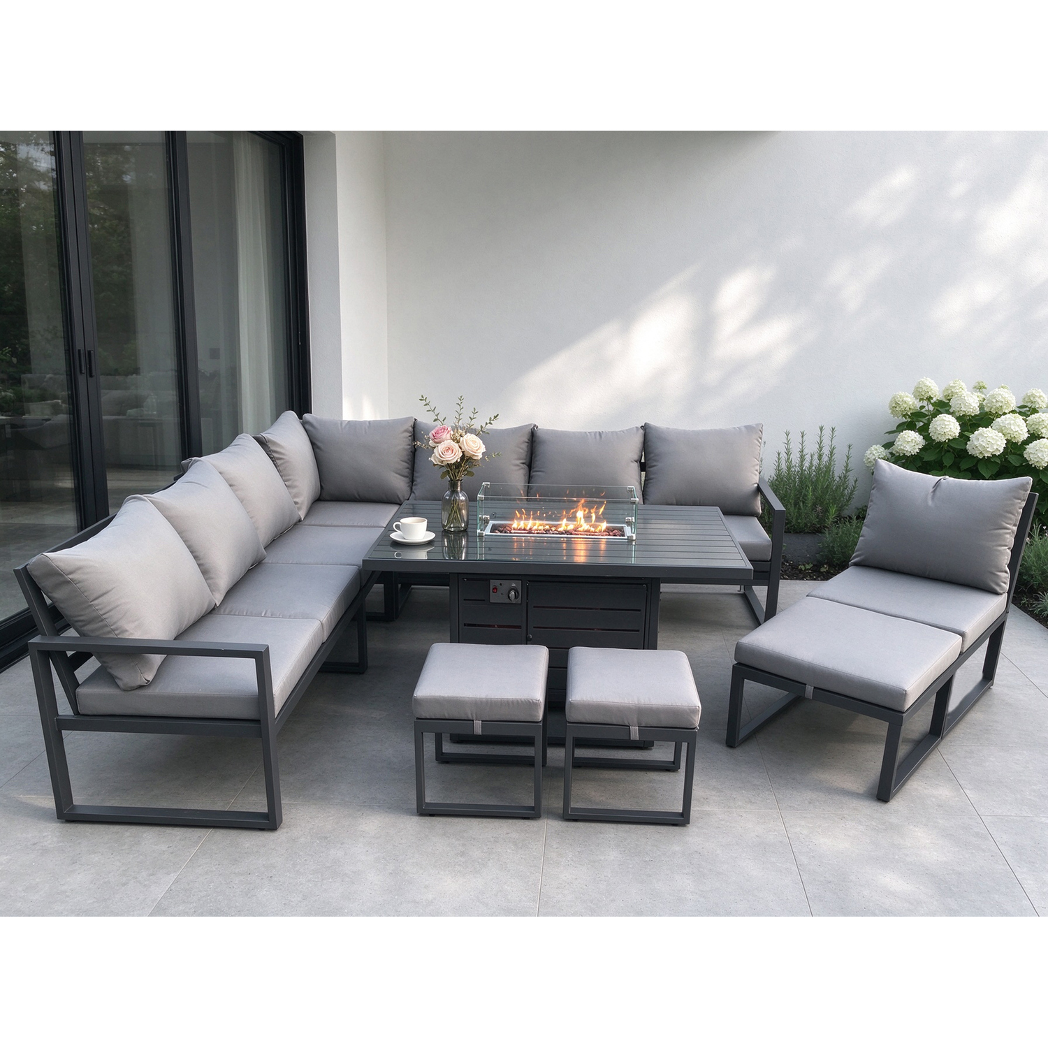Rackhams Grey 10 Seater Aluminium Outdoor Garden Furniture Set With Gas Fire Pit Dining Table, Corner Sofa & 3 Footstools - Image 2