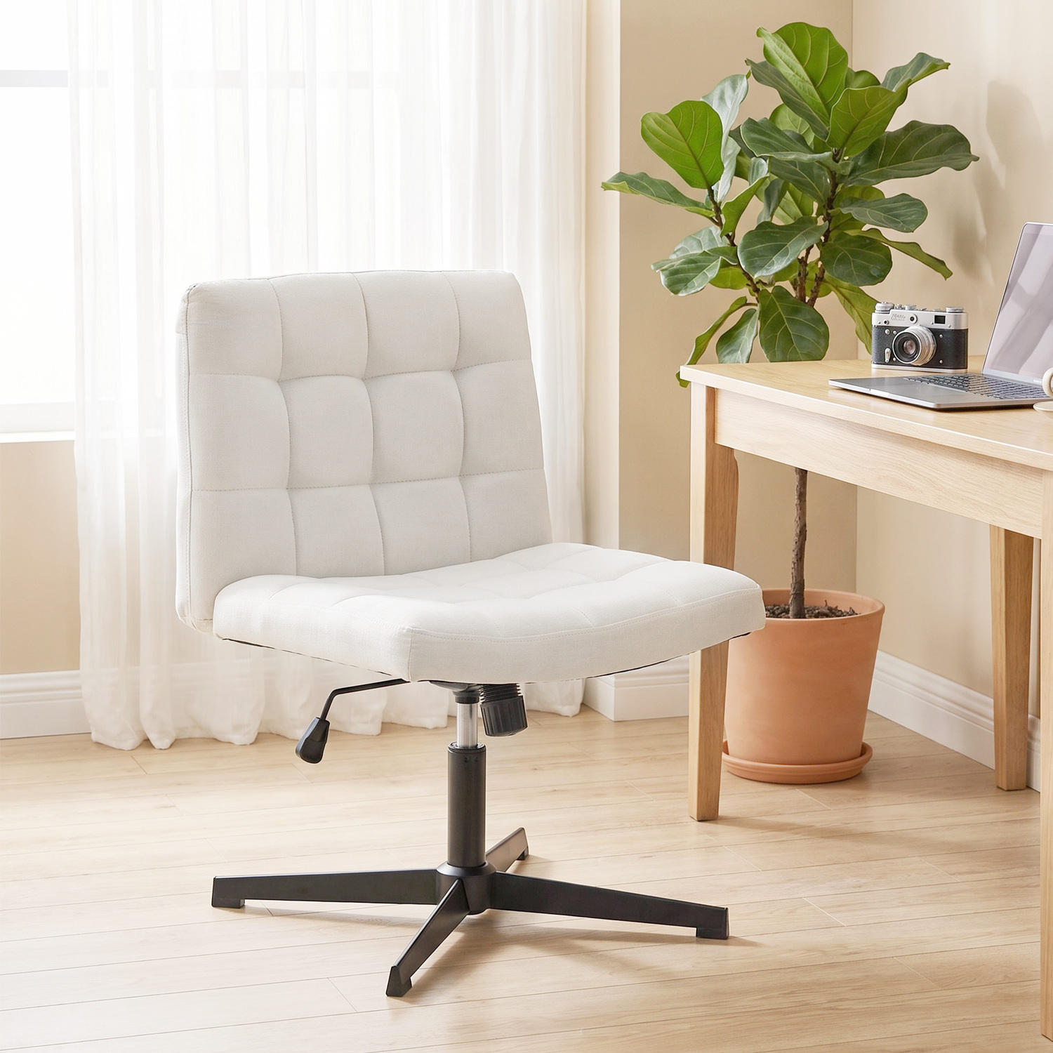 Homcom Unisex Beige Armless Office Chair, Cross Legged Vanity Chair With Wide Seat In - Image 3
