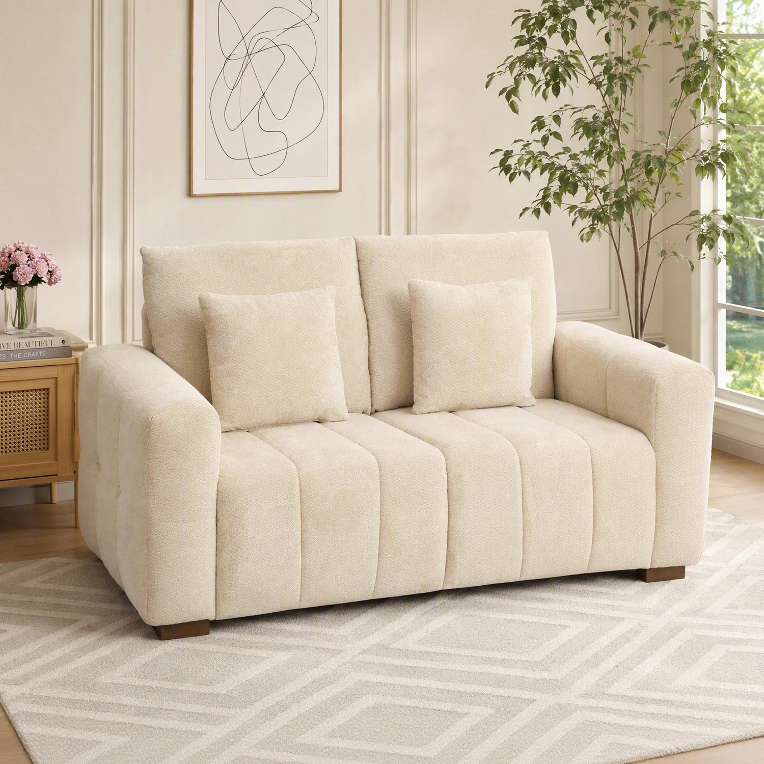 Homcom Cream/White 2 Seater Sofa, Upholstered Small Couch With Pillows - Image 3