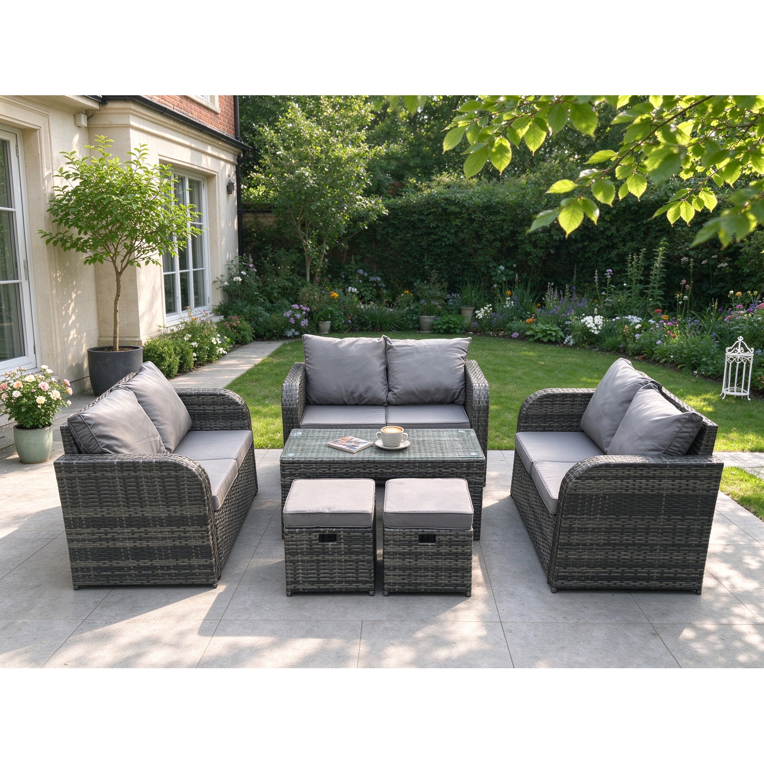 Rackhams Dark/Grey Outdoor Garden Furniture Sets 6 Pieces Wicker Rattan Furniture Sofa Sets With Rectangular Coffee Table Love Seat Sofa 2 Small Footstools - Image 2