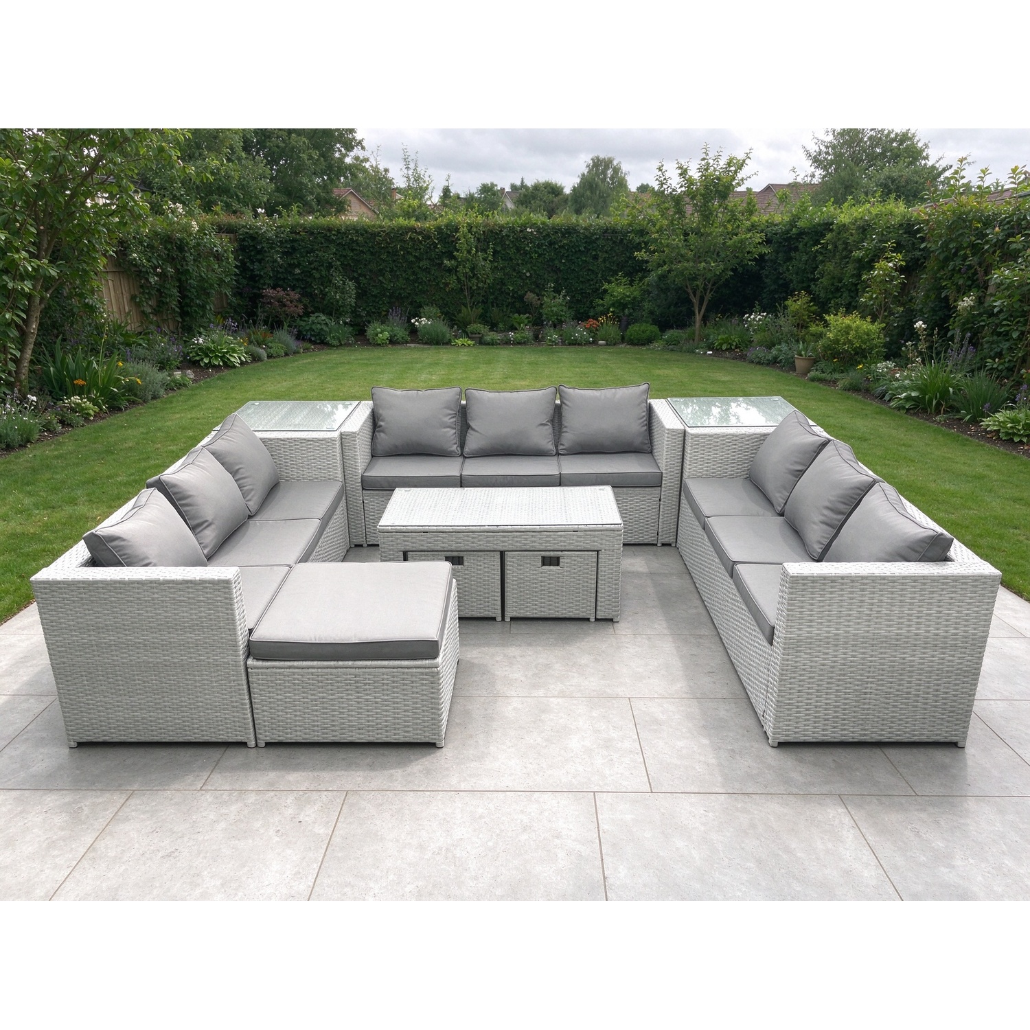 B&Q - Rattan Garden Outdoor Furniture Set 12 Seater Garden Sofa Oblong Coffee Table Set 3 Stools 2 Side Tables - Image 2