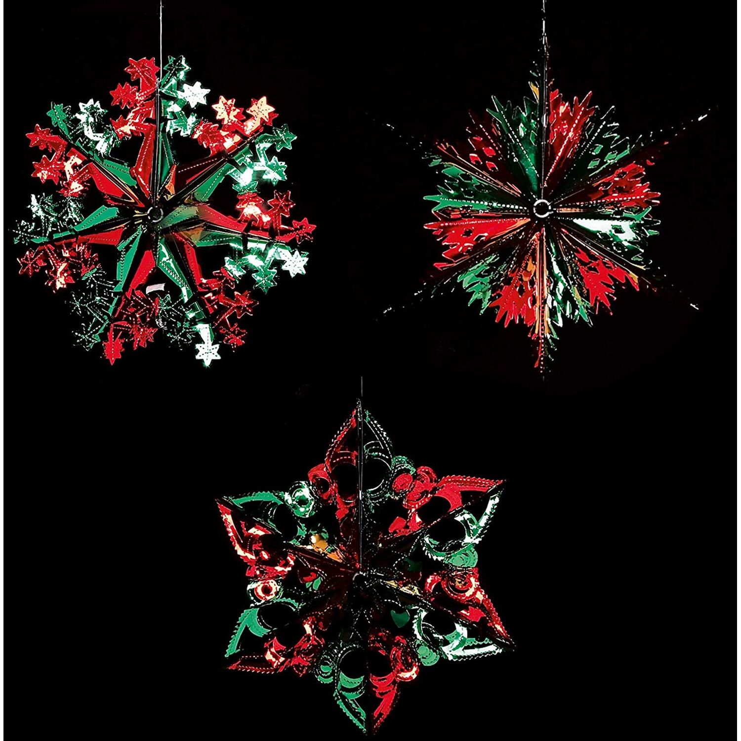 G2-007-3Pk 3 Hanging Foil Stars Red And Green - Red