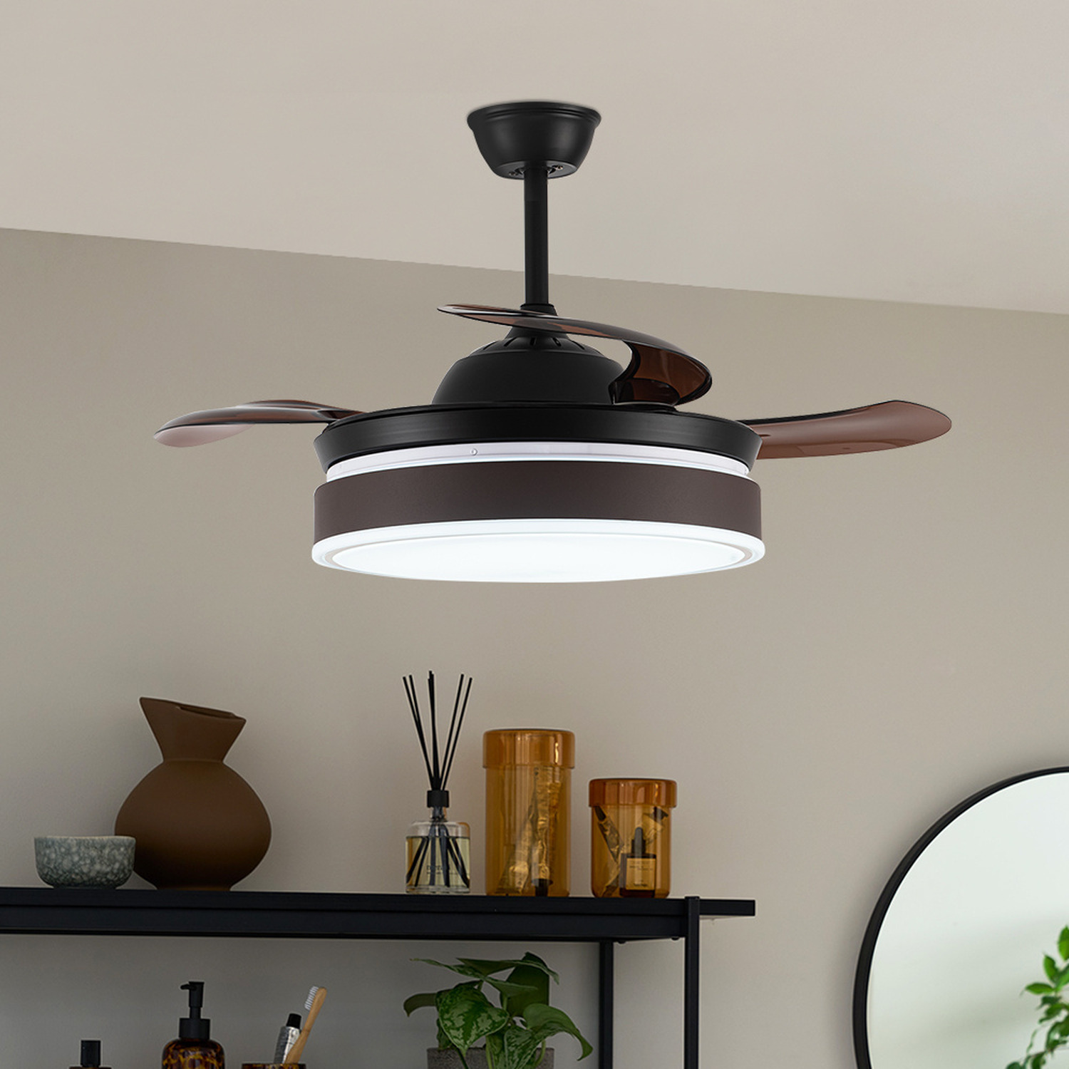 Livingandhome - Ceiling Fan with Lights and Retractable Blades - Brown thumbnail