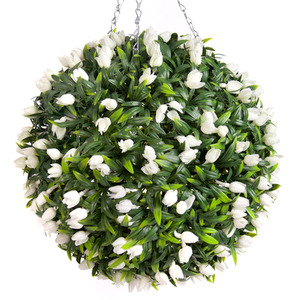 Best Artificial 38cm White Lush Tulip Hanging Basket Flower Topiary Ball