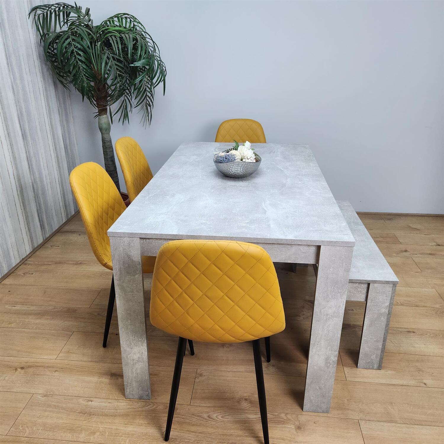 Stone Grey Effect Dining Table with 4 Mustard Chairs and 1 Bench Set