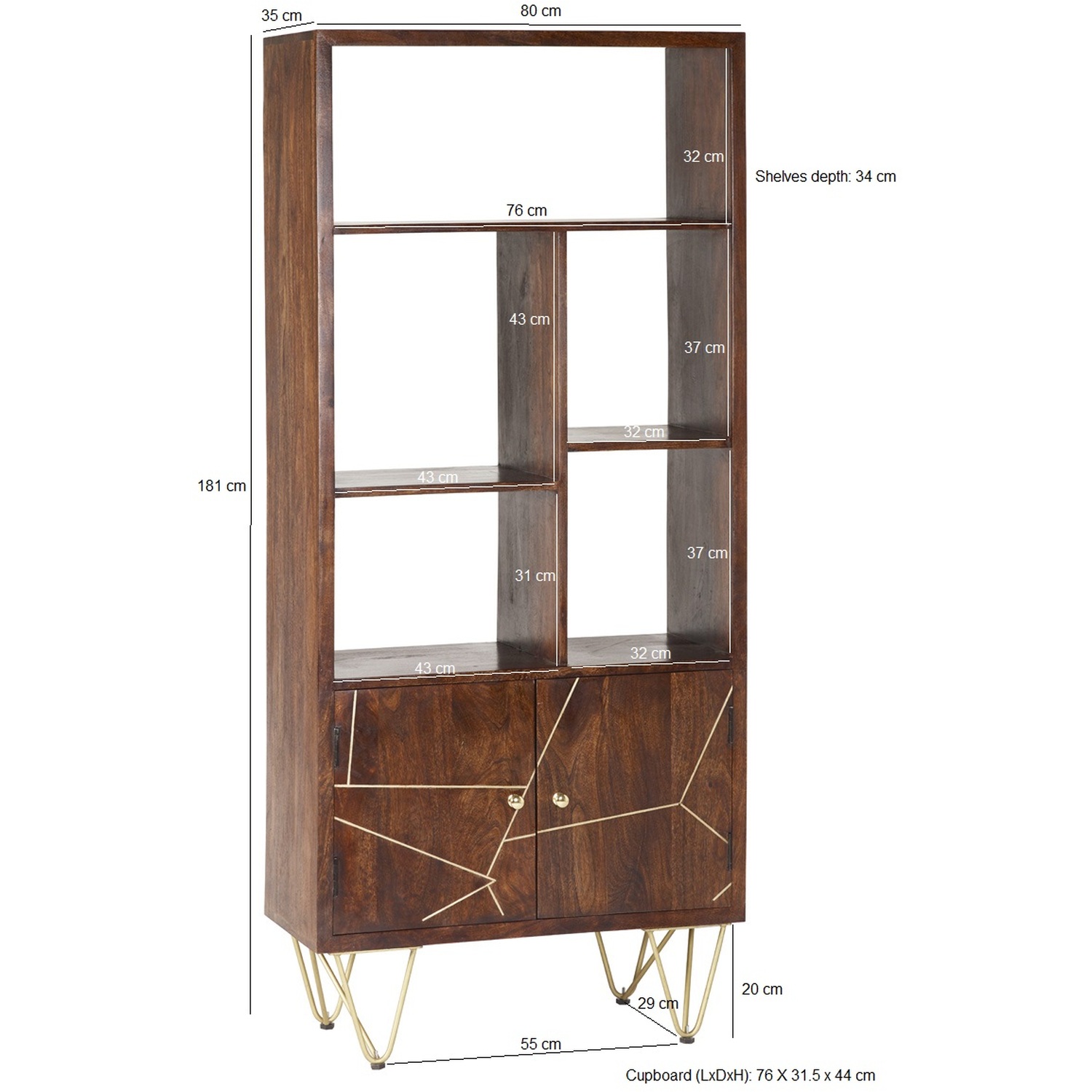 Dark Gold Large Bookcase 2 Door - Brown