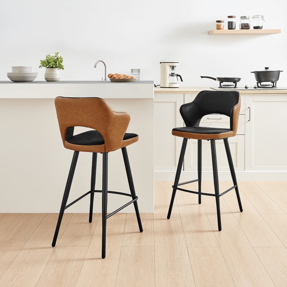 2 x Kai Bar Chair Velvet And PU Leather Black Legs