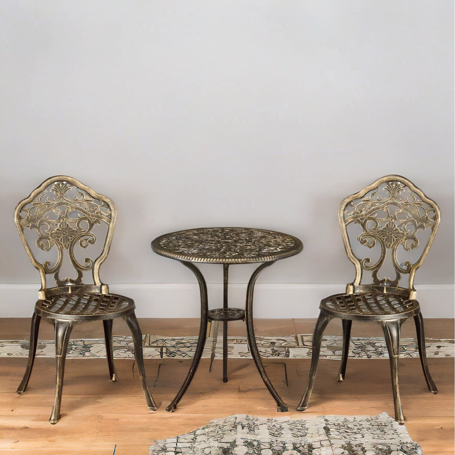 Set Of 3 Cast Aluminium Bistro Table And Chair With Parasol Hole - Bronze
