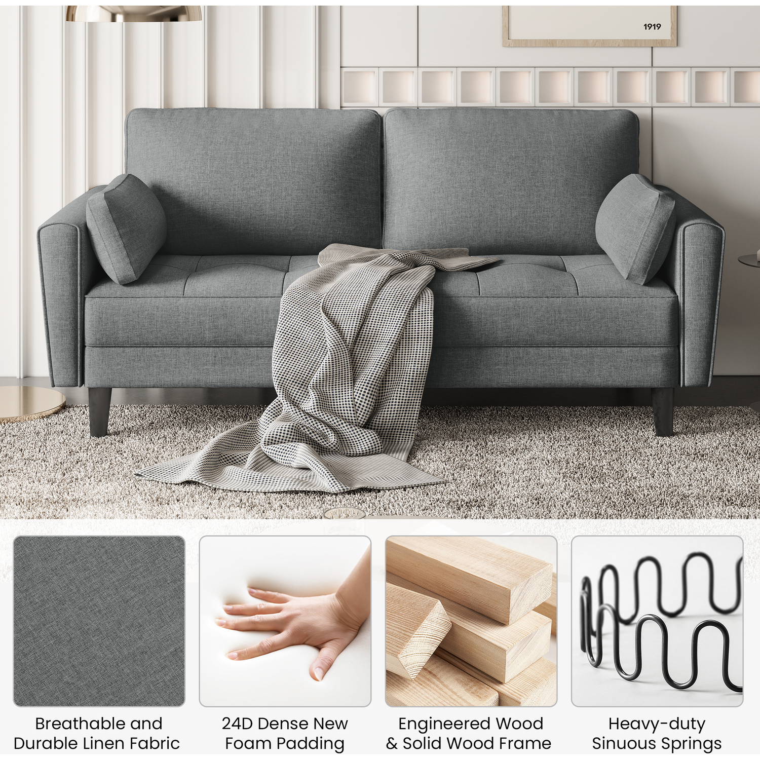 2 Seater Upholstered Sofa Couch With 2 Pillows - Dark Grey