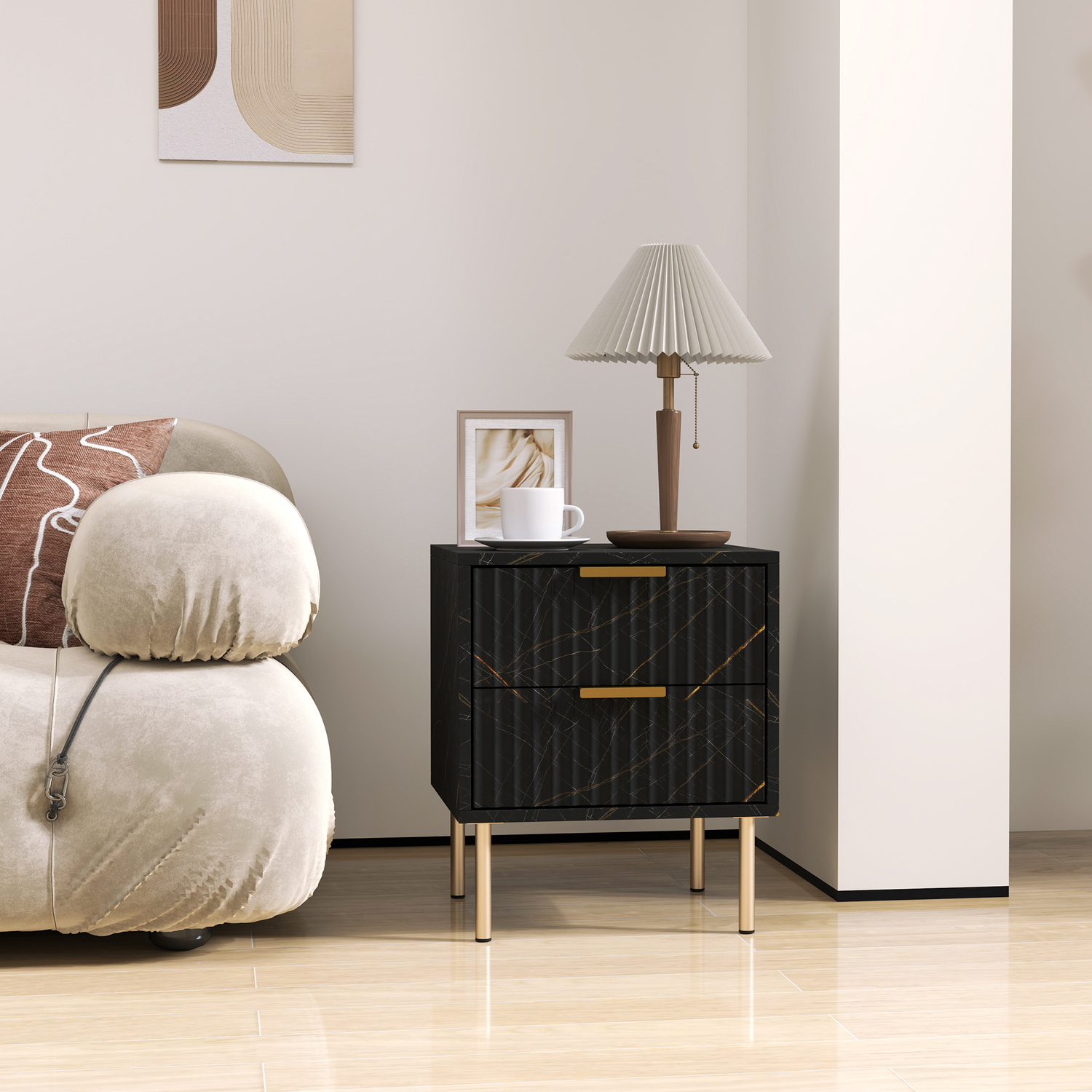 Bedside Table Patterned HOMCOM Marble Pattern Bedside Table with 2 Drawers