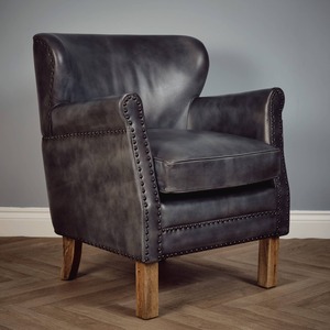 Genuine Leather Arm Chair Aviator Wing Accent Grey