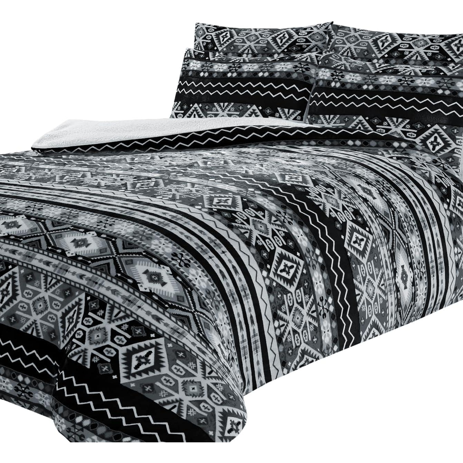Aztec Printed Teddy Duvet Set - Grey King