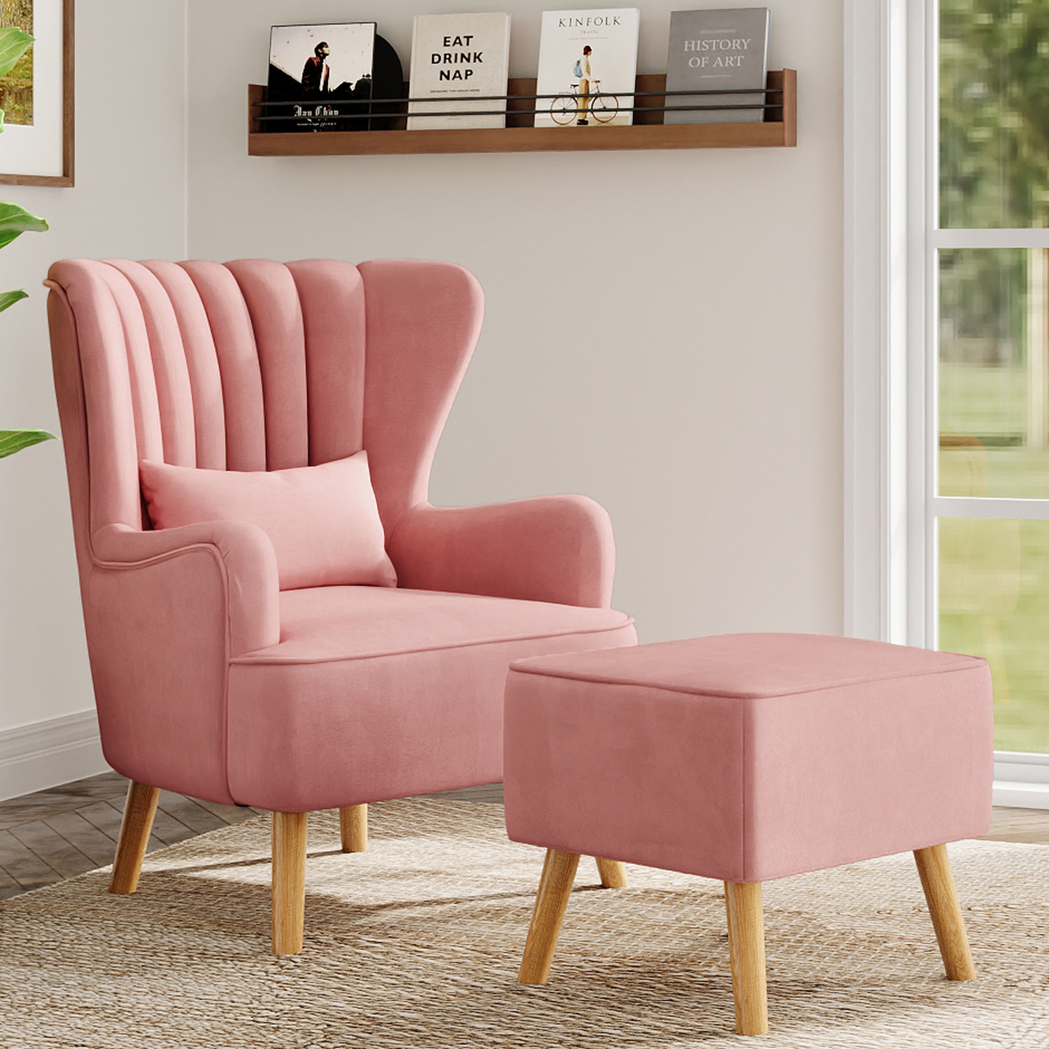 Curved Back Single Armchair With Lumbar Pillow And Footstool - Pink