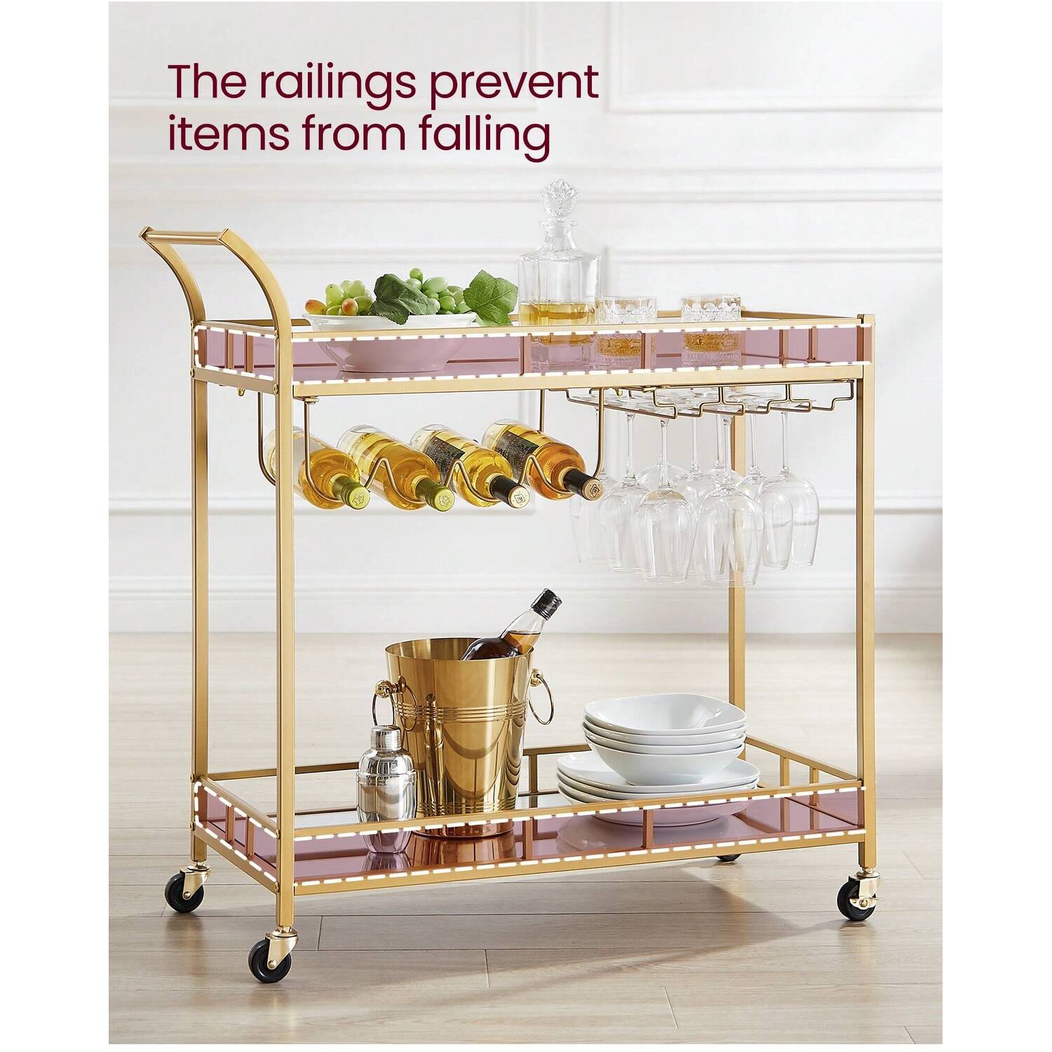 Vasagle Drinks Serving Trolley Cart With Mirrored Shelves - Gold