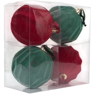 Pack of 4 Red and Green Flocked Baubles