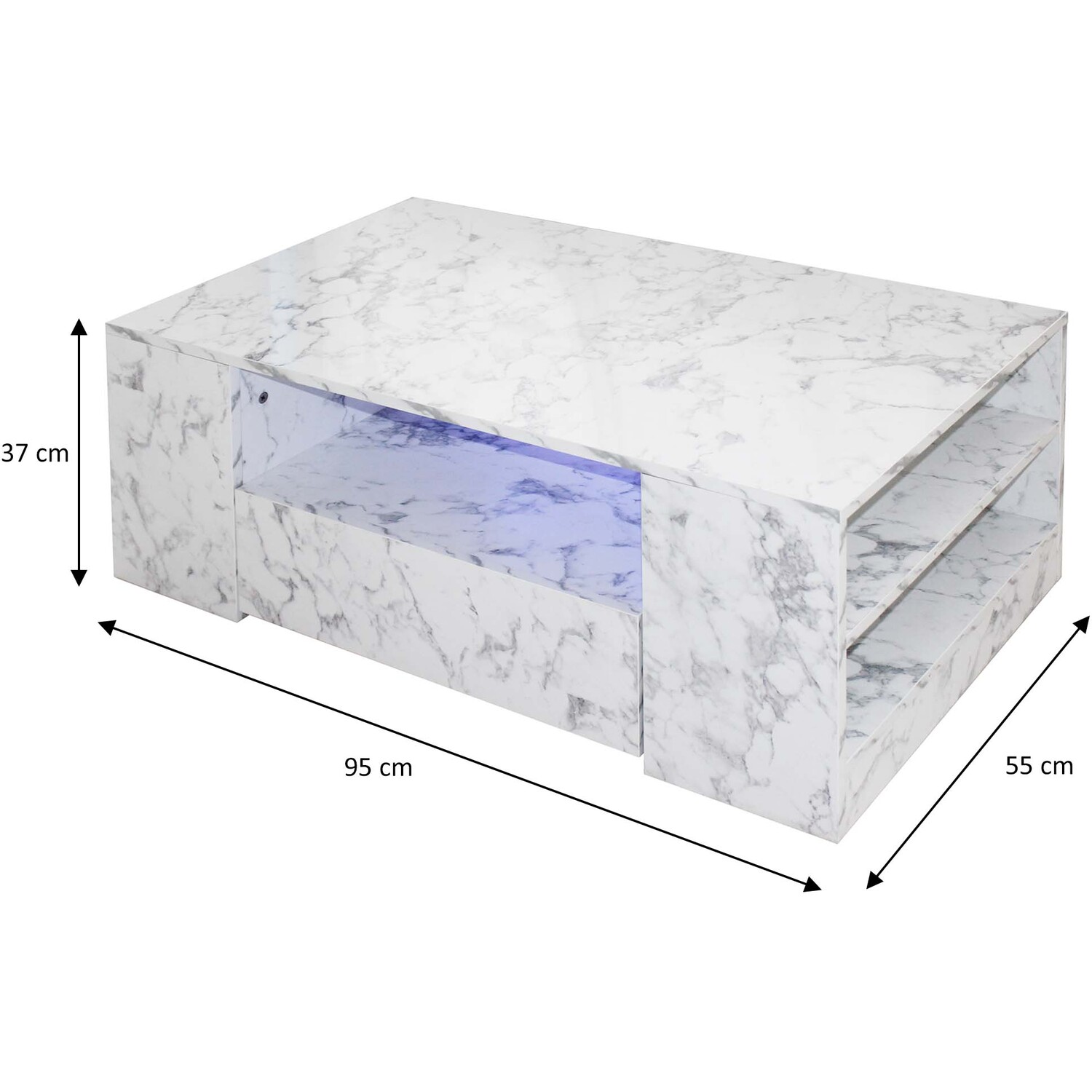 Modern 2 Drawer Led Coffee Table - White Marble