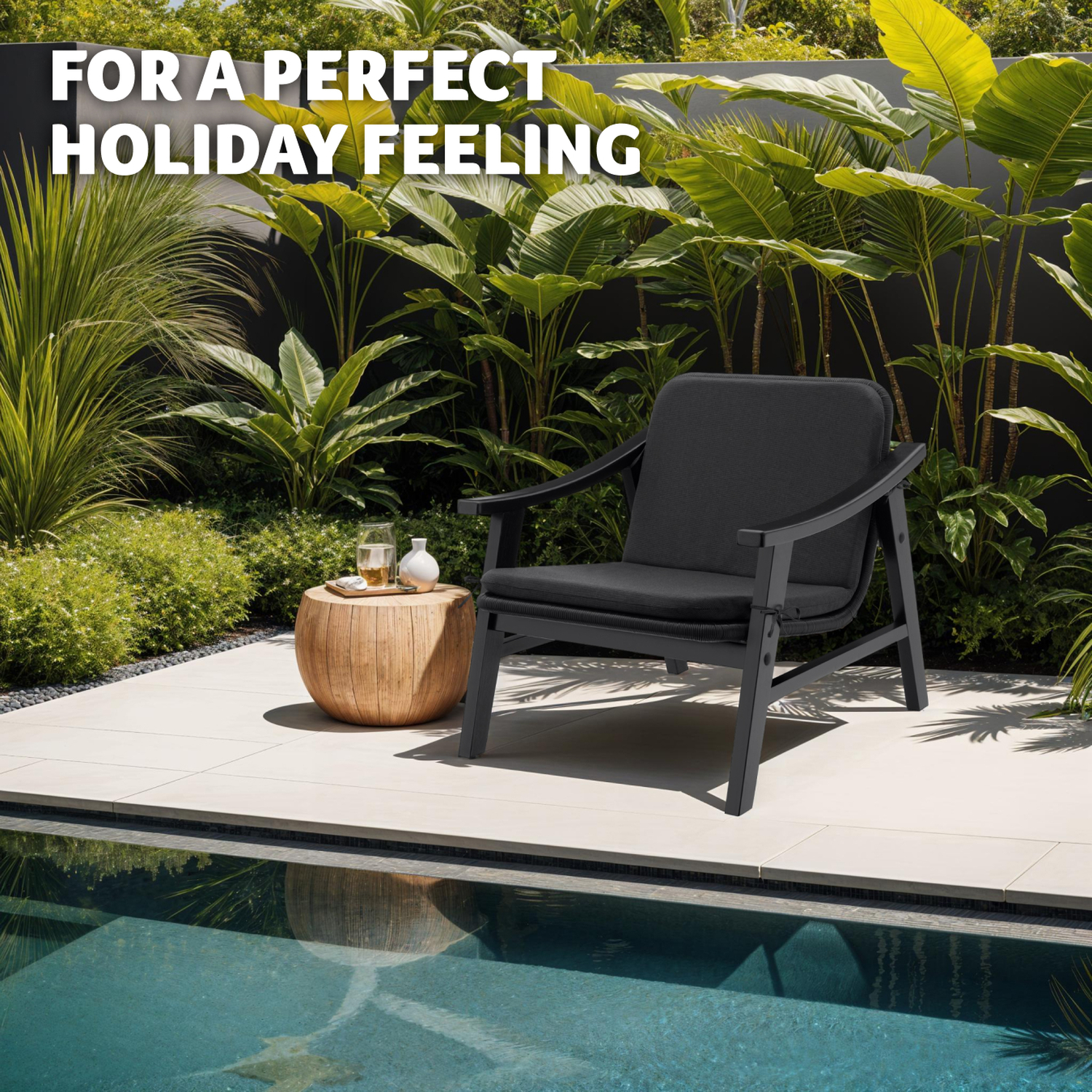 Rattan Garden Chair - Varnished Wooden Frame Lounge Armchair - Black