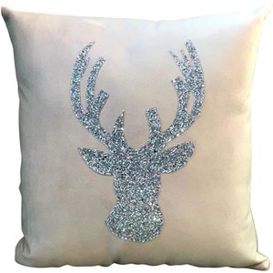 Champagne Plush Velvet And Silver Christmas Stag Cushion