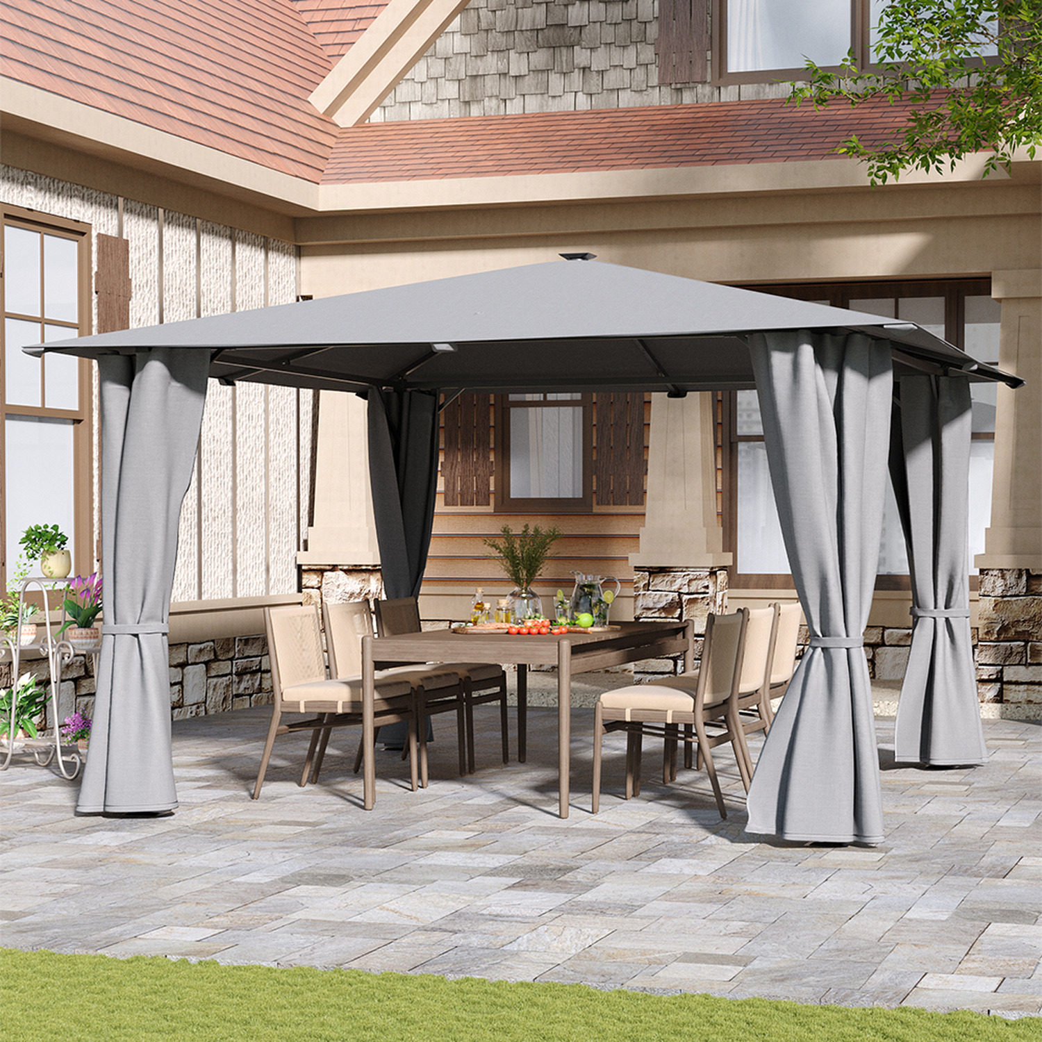 Solar Led Metal Garden Gazebo With Curtains - Light Grey